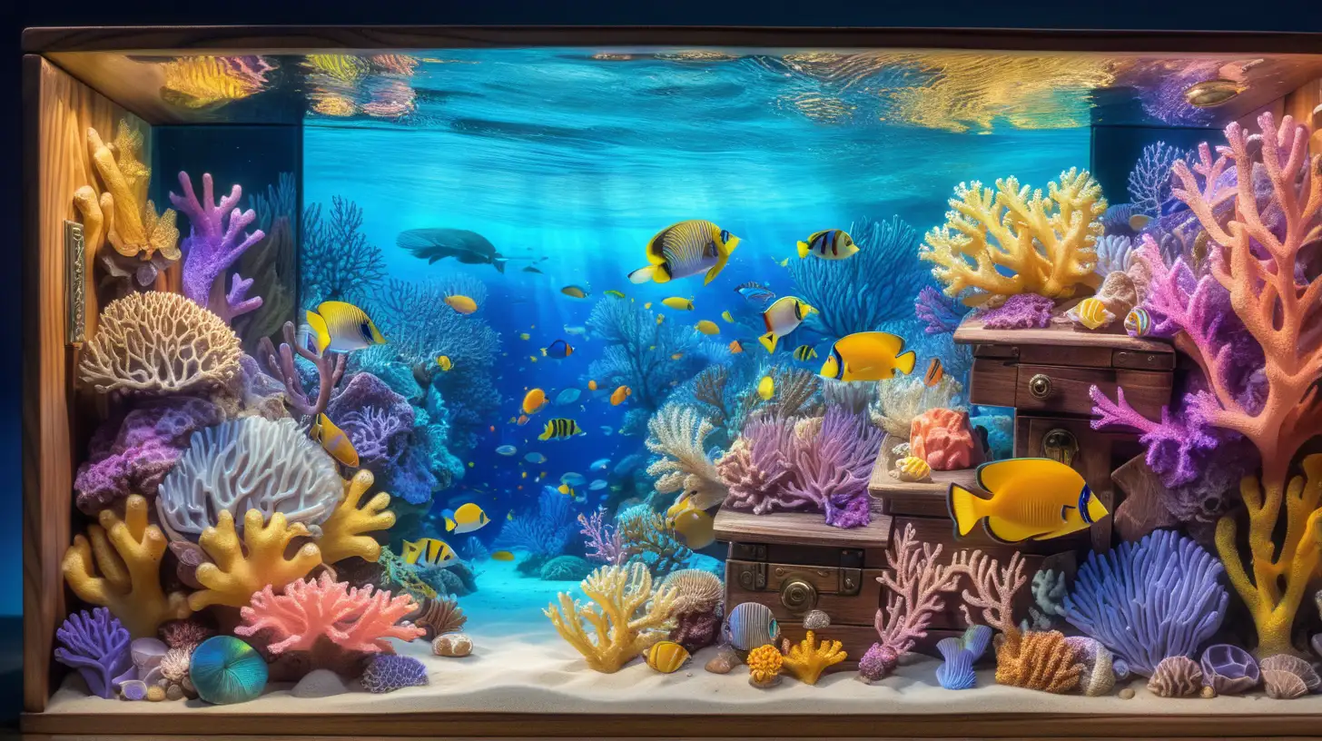 A magical wooden treasure box on the ocean ground floor. Ethereal corals are glowing all around it and coral reef fish in yellows, bright blues, pink, purples and oranges. Fish are swimming through the corals.