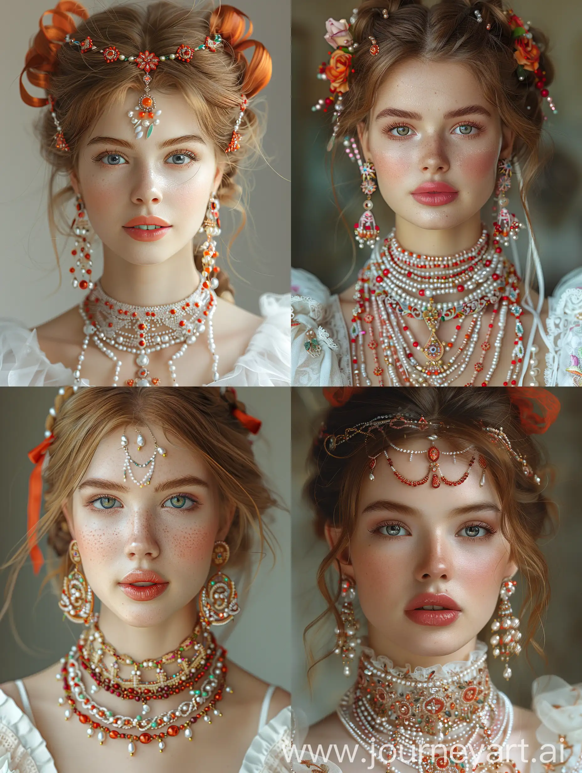 Russian girl, kokoshnik embroidered with multicolored mother-of-pearl threads, kokoshnik embroidered with colored beads, large jewelry in the form of red and white beads, bright silk ribbons in her hair, jewelry in Russian folk style, luxurious earrings and necklaces made of large beads, multi-tiered jewelry in folk style, Russian sundress, beautiful complex textures, complex combinations, clear detail, lots of interesting unusual details, light blush, juicy lips, realism. ГИПЕРРЕАЛИСТИЧНАЯ ФОТОГРАФИЯ —style raw —stylize 1000 —v 6
