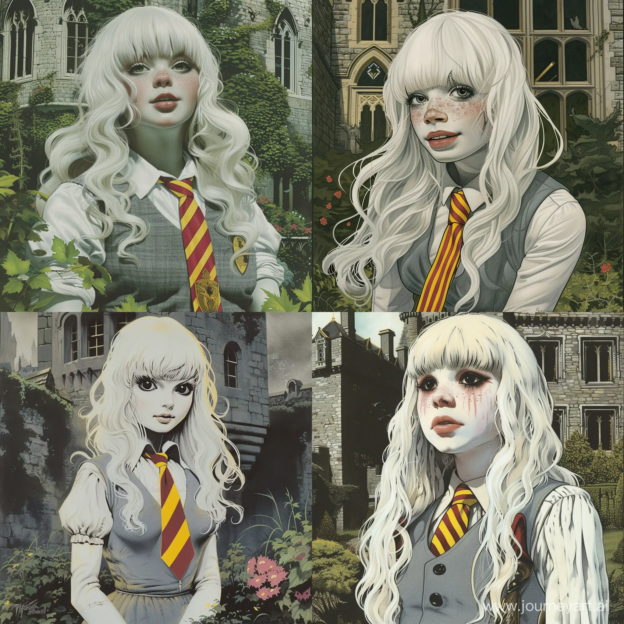 beautiful young woman, 15 years old, white skin and long wavy blonde hair with bangs. black eyes and a round face with large rosy cheeks. She is in the garden of an English castle, wearing a gray waistcoat and a yellow and red striped Gryffindor tie. Hogwarts. Harry Potter Universe. 80s dark fantasy cover art illustration. Frank Franzetta and Gerald Brom inspired.