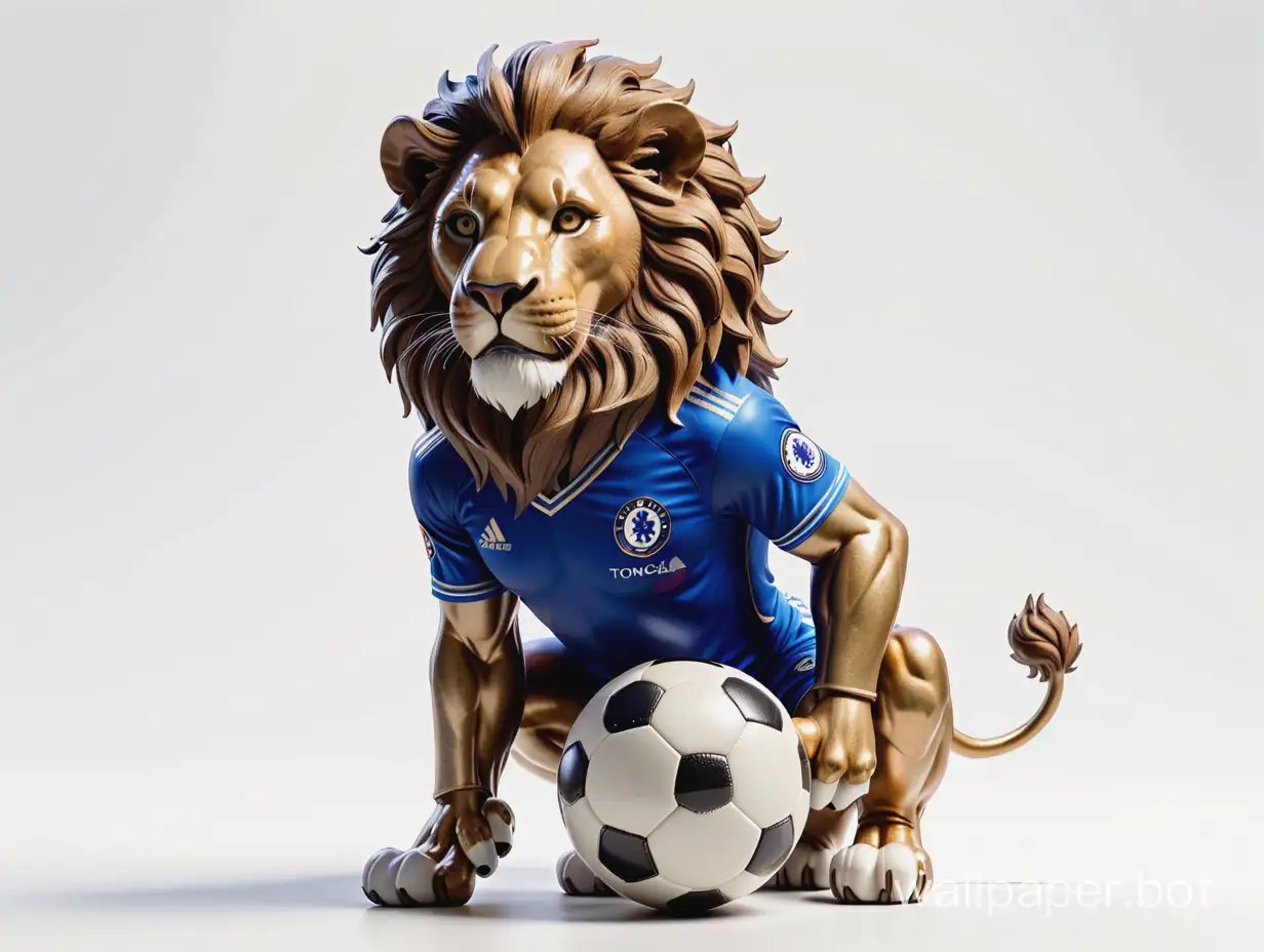 Soccer talisman warrior lion in Chelsea uniform with a ball in full growth white background high detail and realism