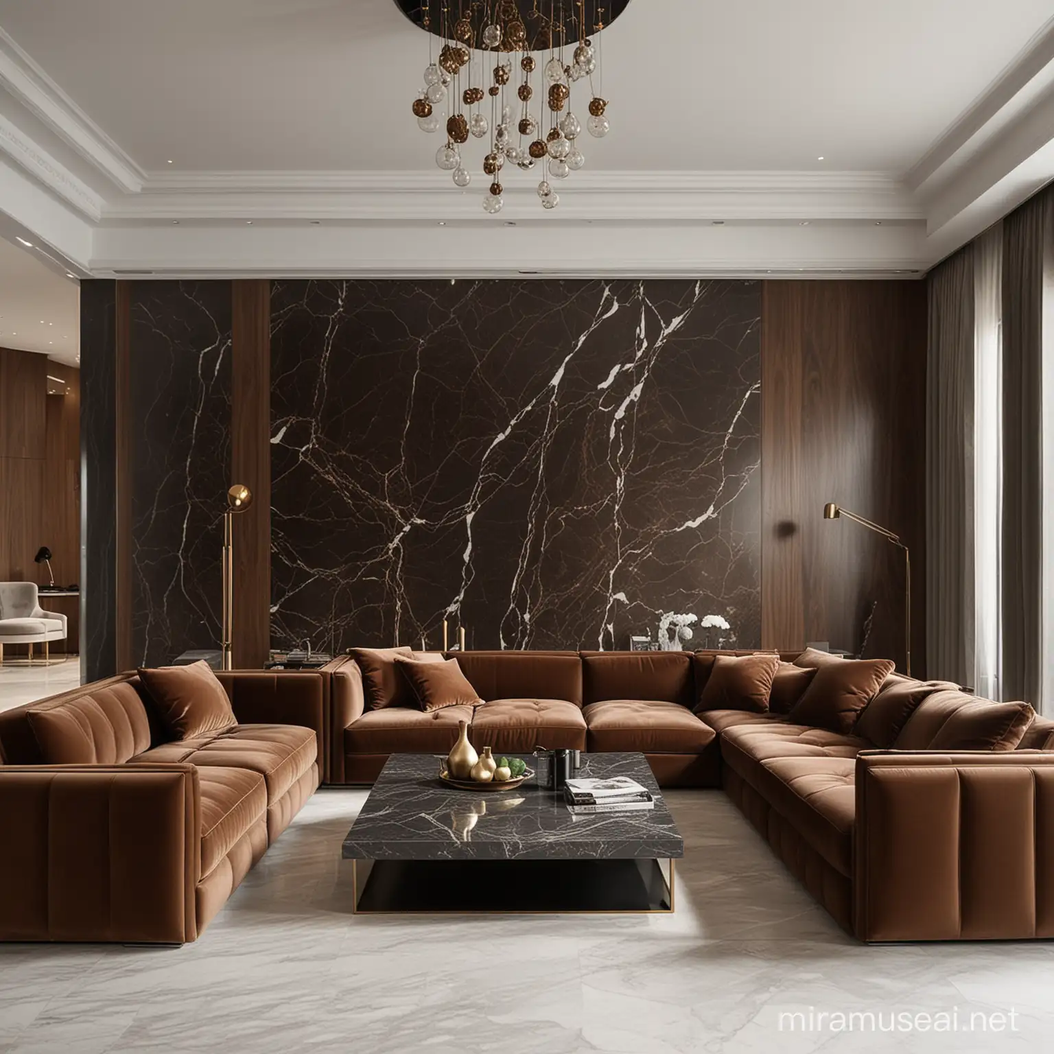 modern,marble  living room. walnut,  , velvet sofas, black, dark brown marble