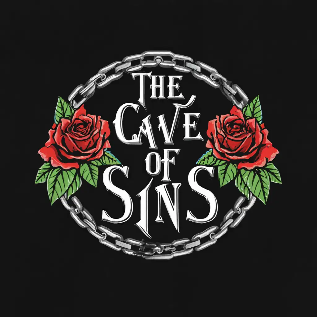 a logo design,with the text "The Cave of sins.", main symbol:black background, red roses with thorns and chains with shackles.,Moderate,clear background