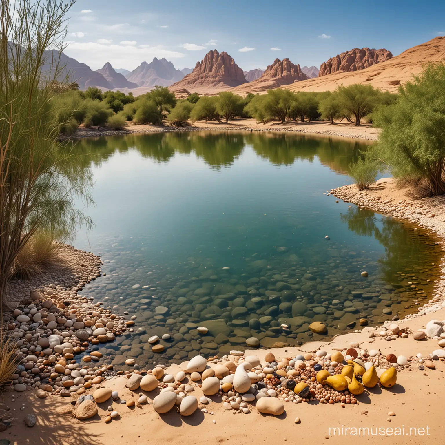 desert oasis with beautiful lake, clams and pears of wisdom, ancient monks collecting pearls and gemstones on the edge of the water