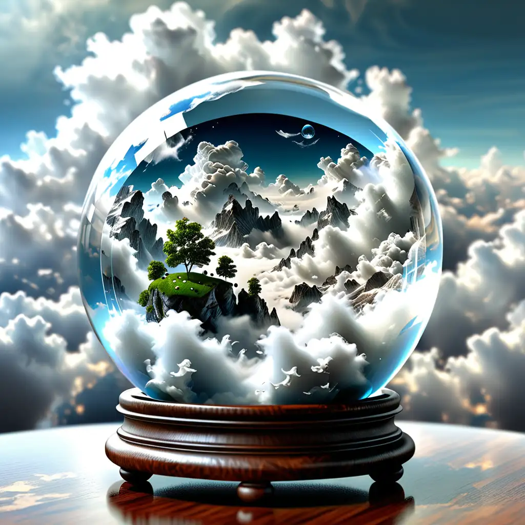 Enchanting Miniature Landscape Above White Clouds in Glass Sphere