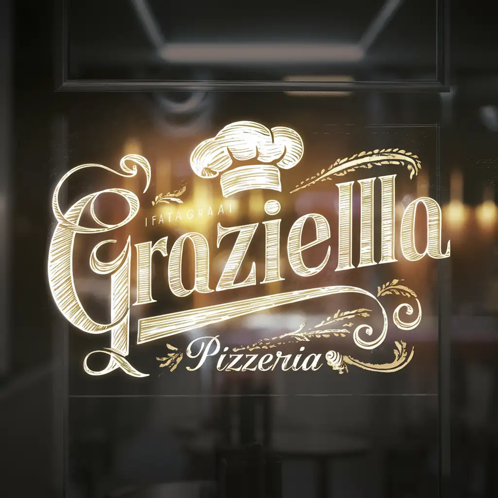 Graziella Pizzeria logo, handwriting, Italian colors, white background, faded, Typography, elegant, flour scattering, chef hat, backlight, Chilling, night