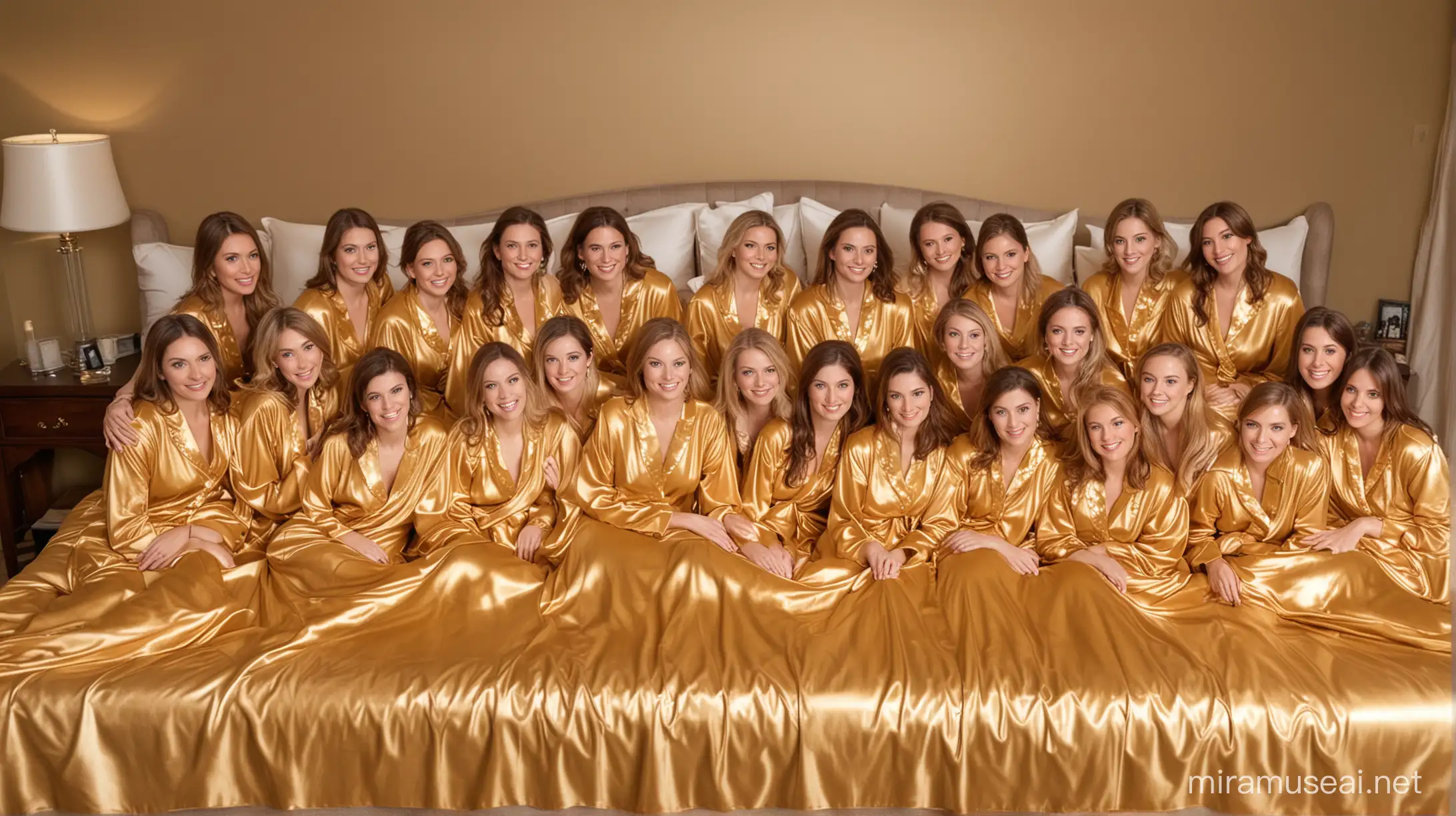 20 women in gold satin nightgowns on satin beds