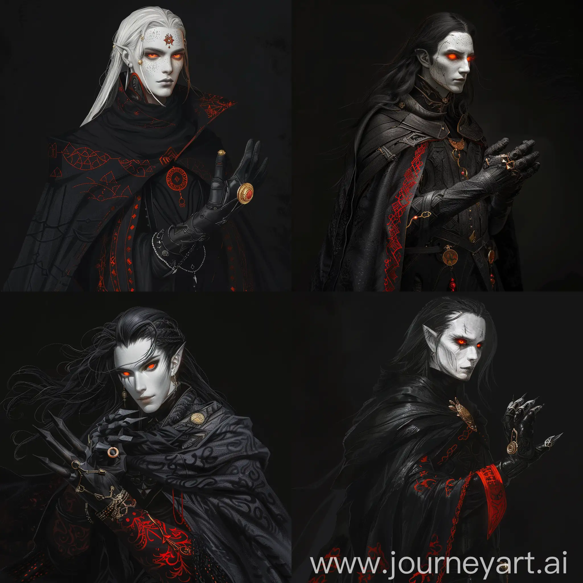 dnd white pale skin with orange eyes,long black hair,black cape with black clothes and red patterns on his clothes,wearing a black glove with a golden ring on glove.background is dark black.