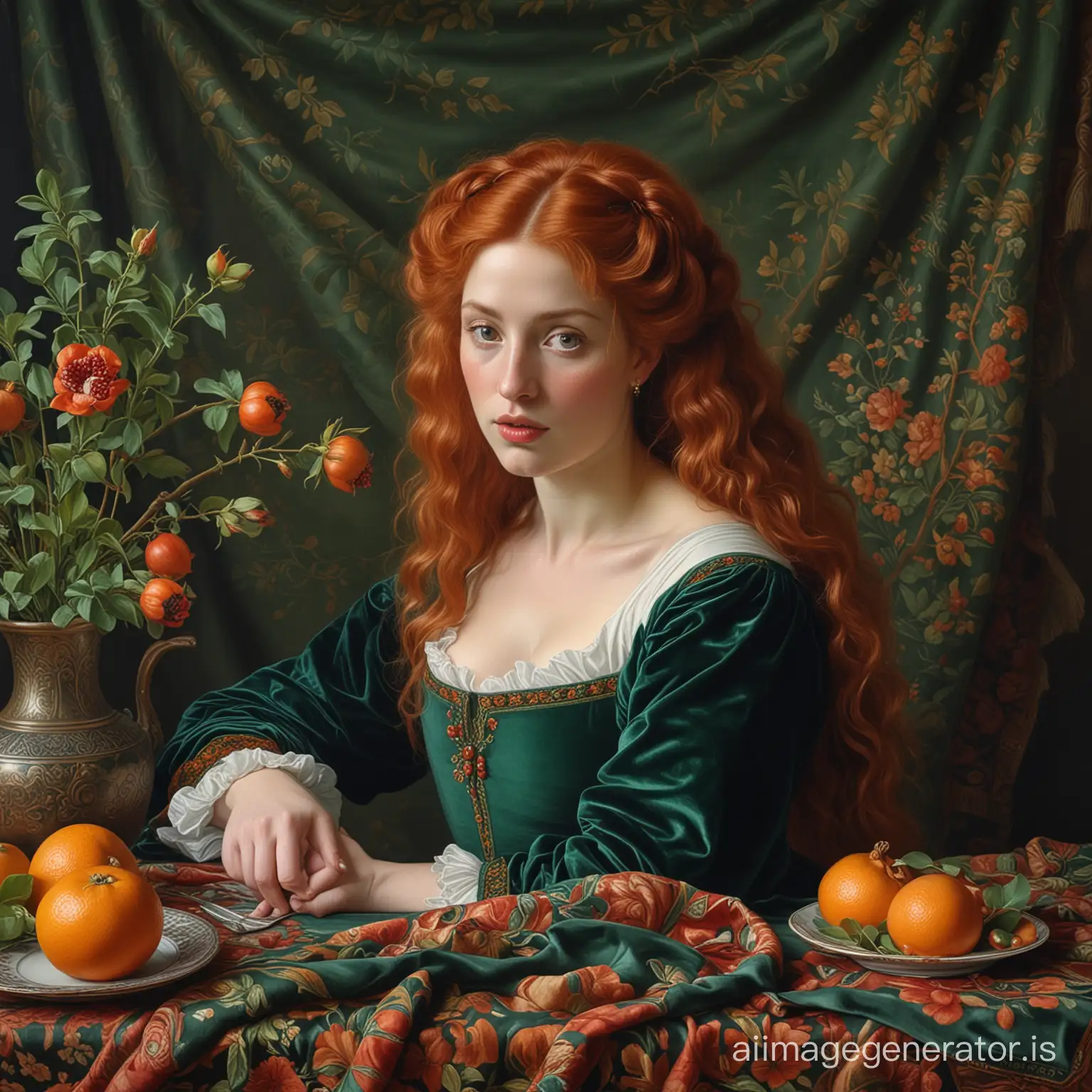 A masterpiece of Pre-Raphaelite painting, a large red-haired woman of about 40 with large facial features, thick lips, hair tied at the back of her head, in a dark green velvet dress sits at a small table, hands are depicted perfectly, a magnificent tapestry tablecloth is laid on the table in front of her, lies without vases blooming rosehip branch, orange, pomegranate, complex dramatic lighting, masterpiece of composition, oil on canvas, brush strokes, Pre-Raphaelite painting