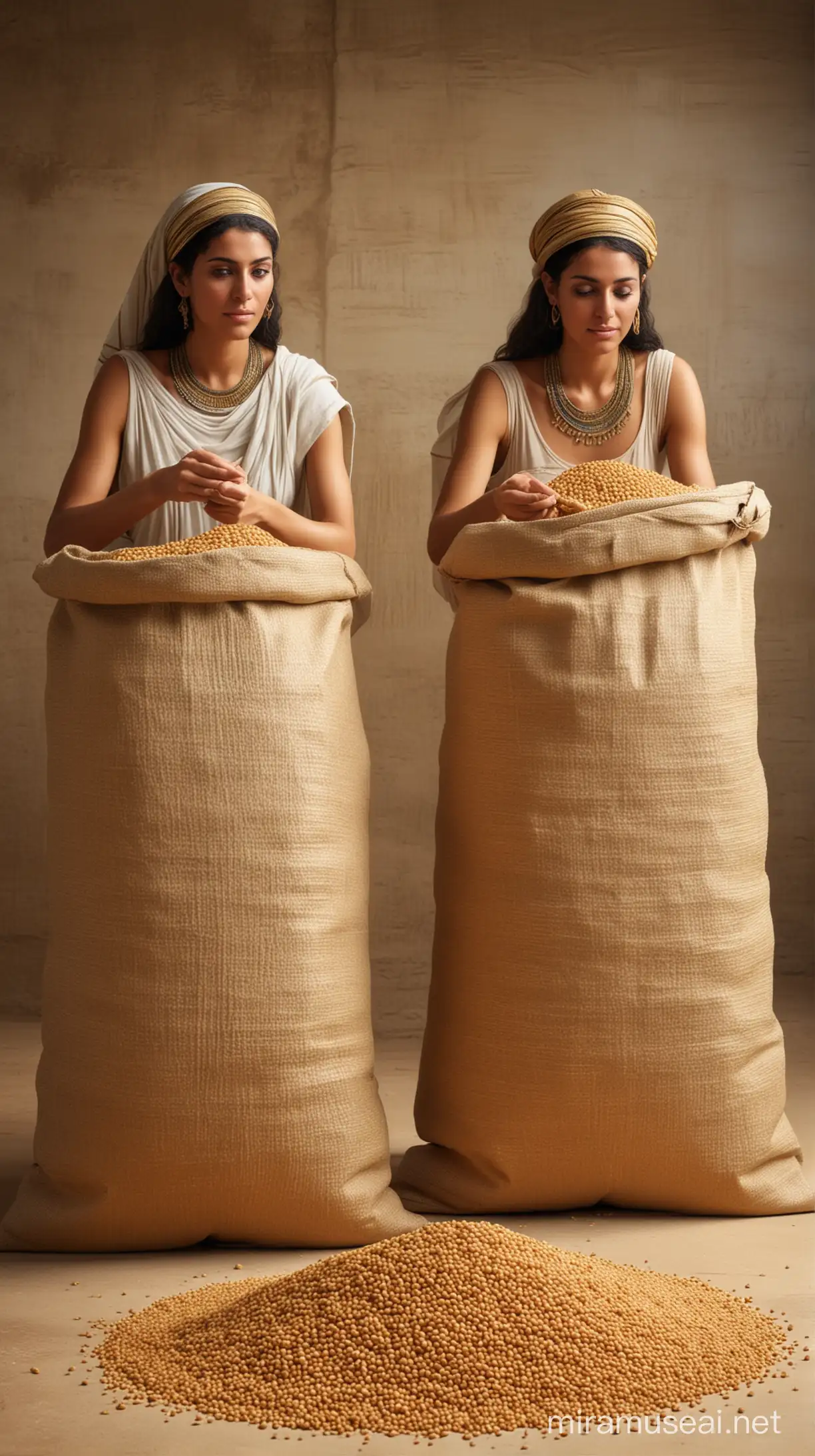 Ancient Egyptian woman urinating into two different bags filled with barley and wheat. hyper realistic