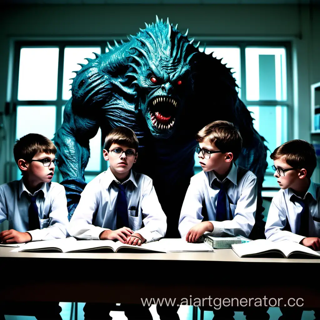 четыре школьника(мальчика) прячутся в лаборатории и наблюдают за монстром
