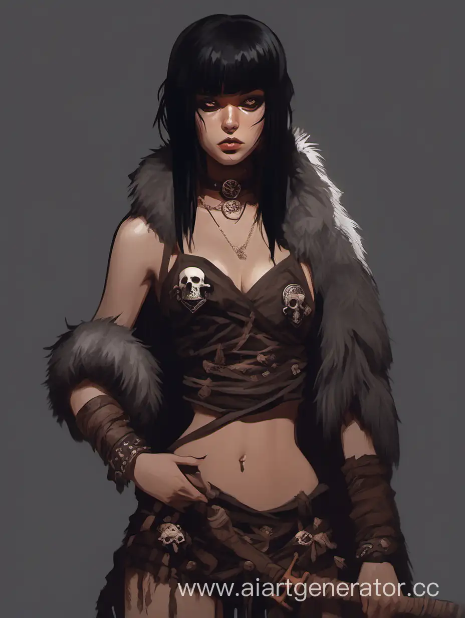 barbarian girl with short bang and black hair,dark fantasy aesthetic,dnd concert art,dark colors,brown and gray background,fur clothes,dark clothes,full body,skulls