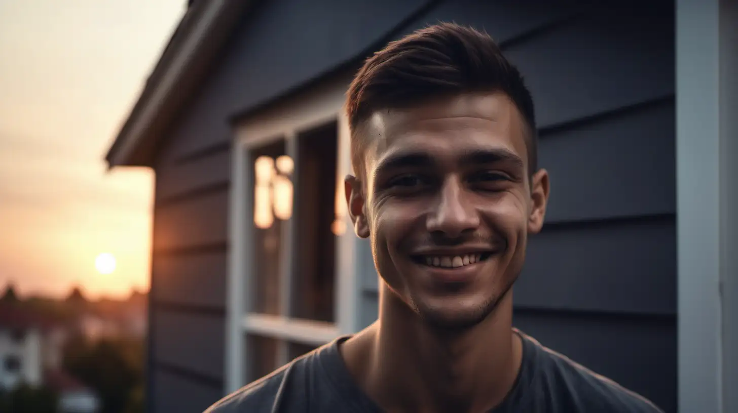 Moody portrait of a photorealistic portrait of a young man, smiling doing repairs on a house, front view, blurred sunset background, cinematic and beautiful mood, high resolution, 4K