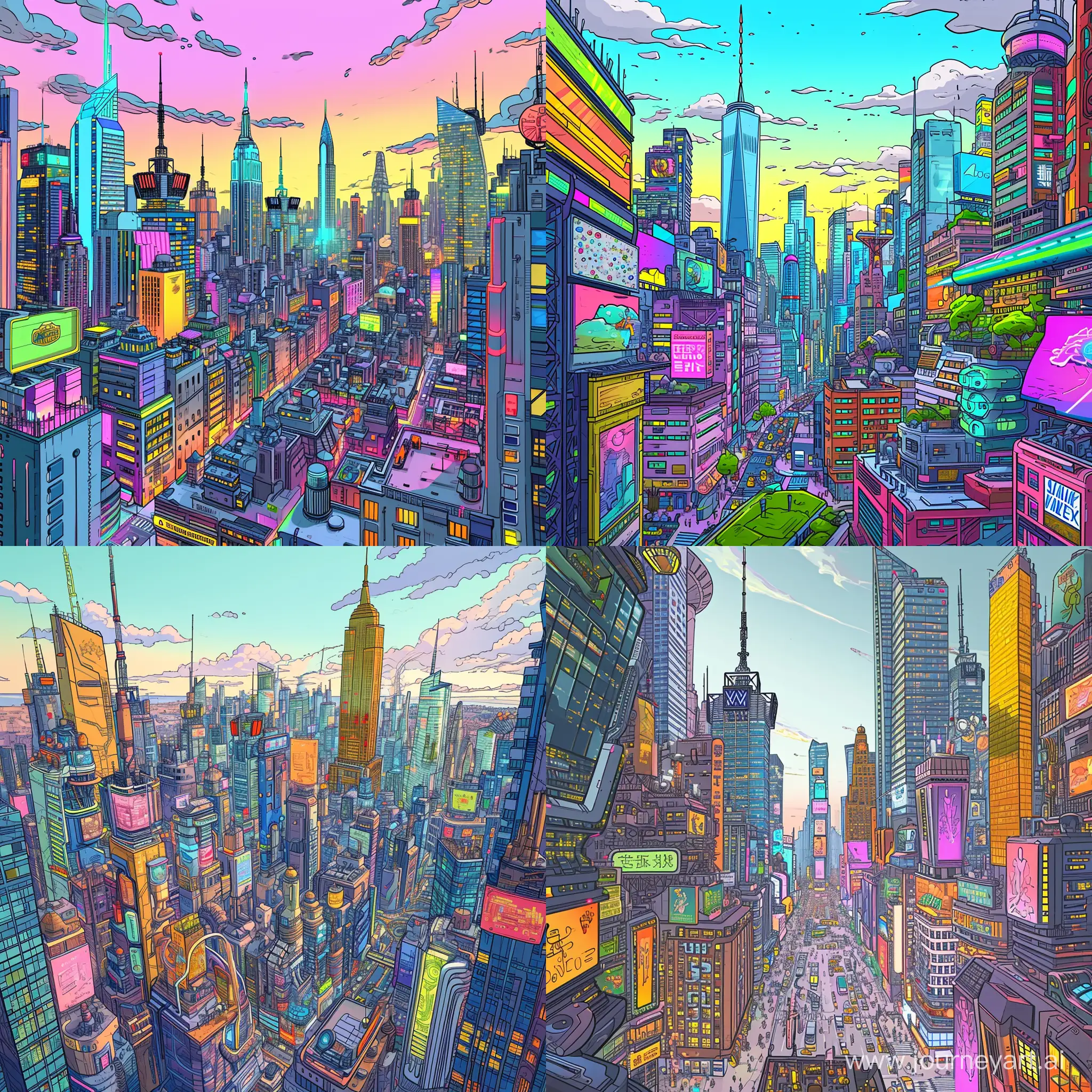 Futuristic New York City, cartoon color drawing, 2020s, trending on artstation, trending on DeviantArt, cyberpunk, postcyberpunk, biopunk, nanopunk, science fiction --v 6