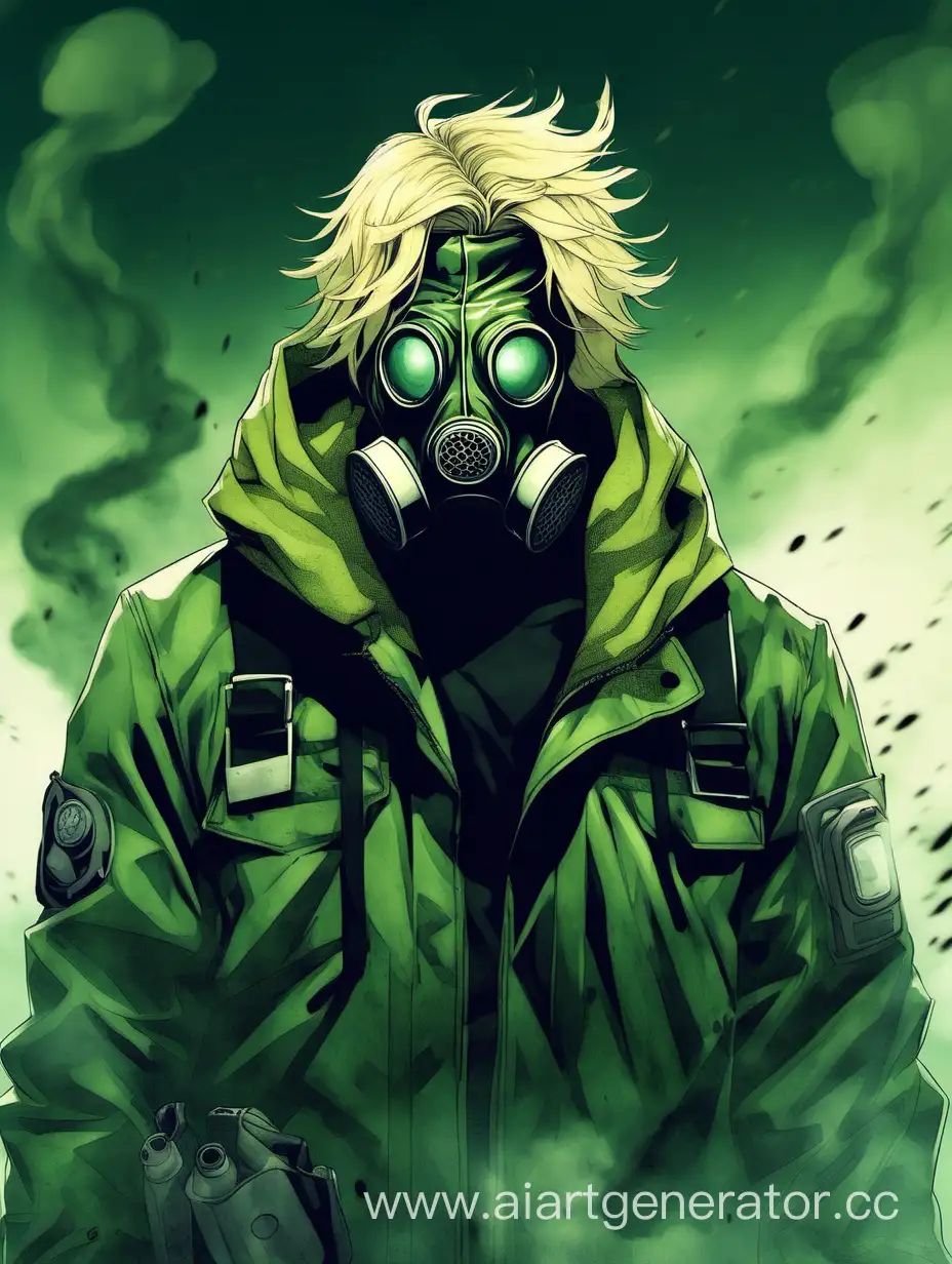 апокалипсис, мужчина в противогазе,  растрепанные русые волосы, в черно-зеленой куртке, уставший взгляд 