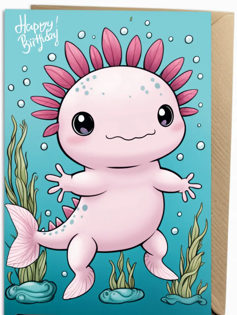 Cute Axolotl Birthday Card Design with Colorful Underwater Scene
