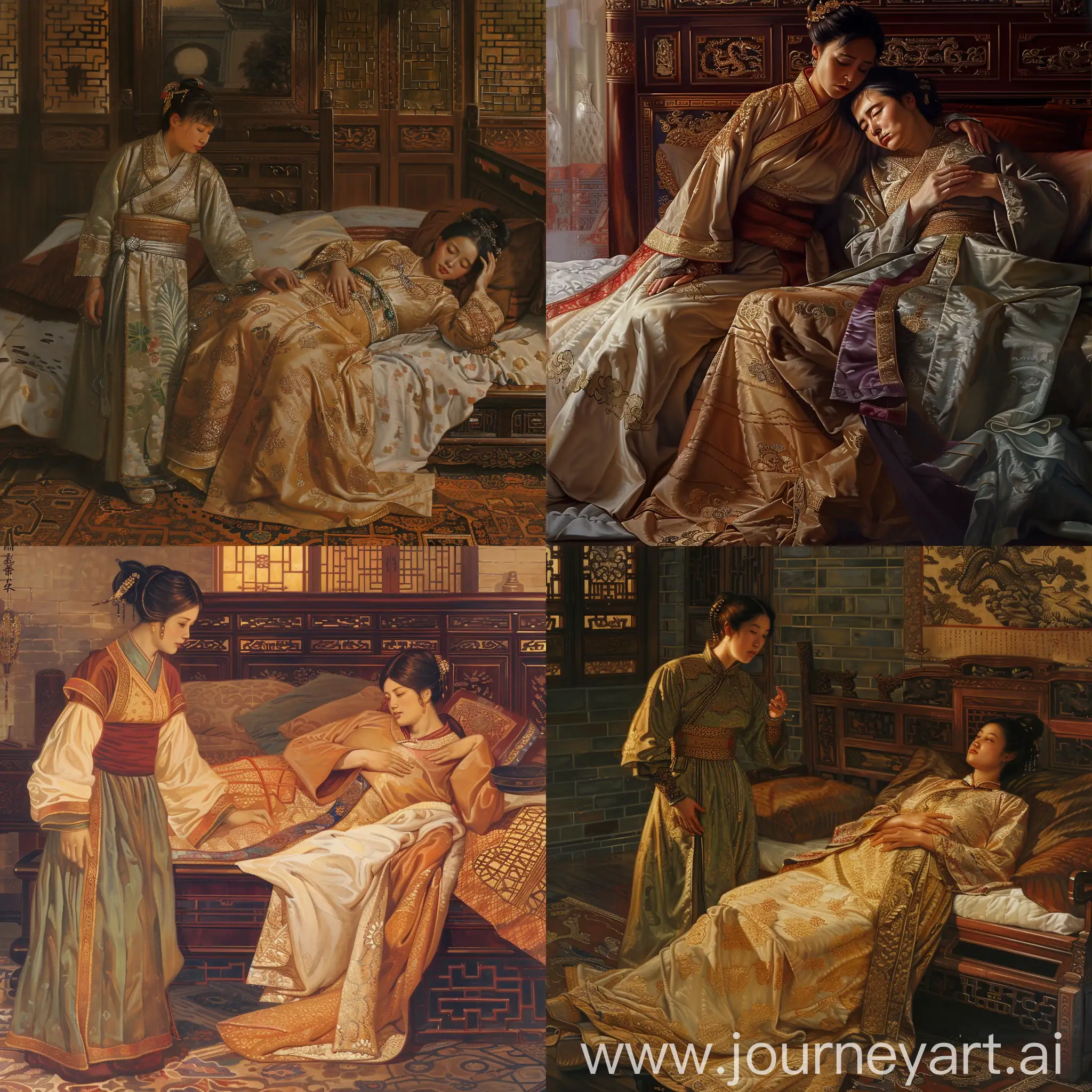 画侍女伺候中国女皇休息的图片。女皇衣着华丽，躺在床上，神色不适，一只手捂着肚子。 古代  细节丰富   全景图  旗袍 高清