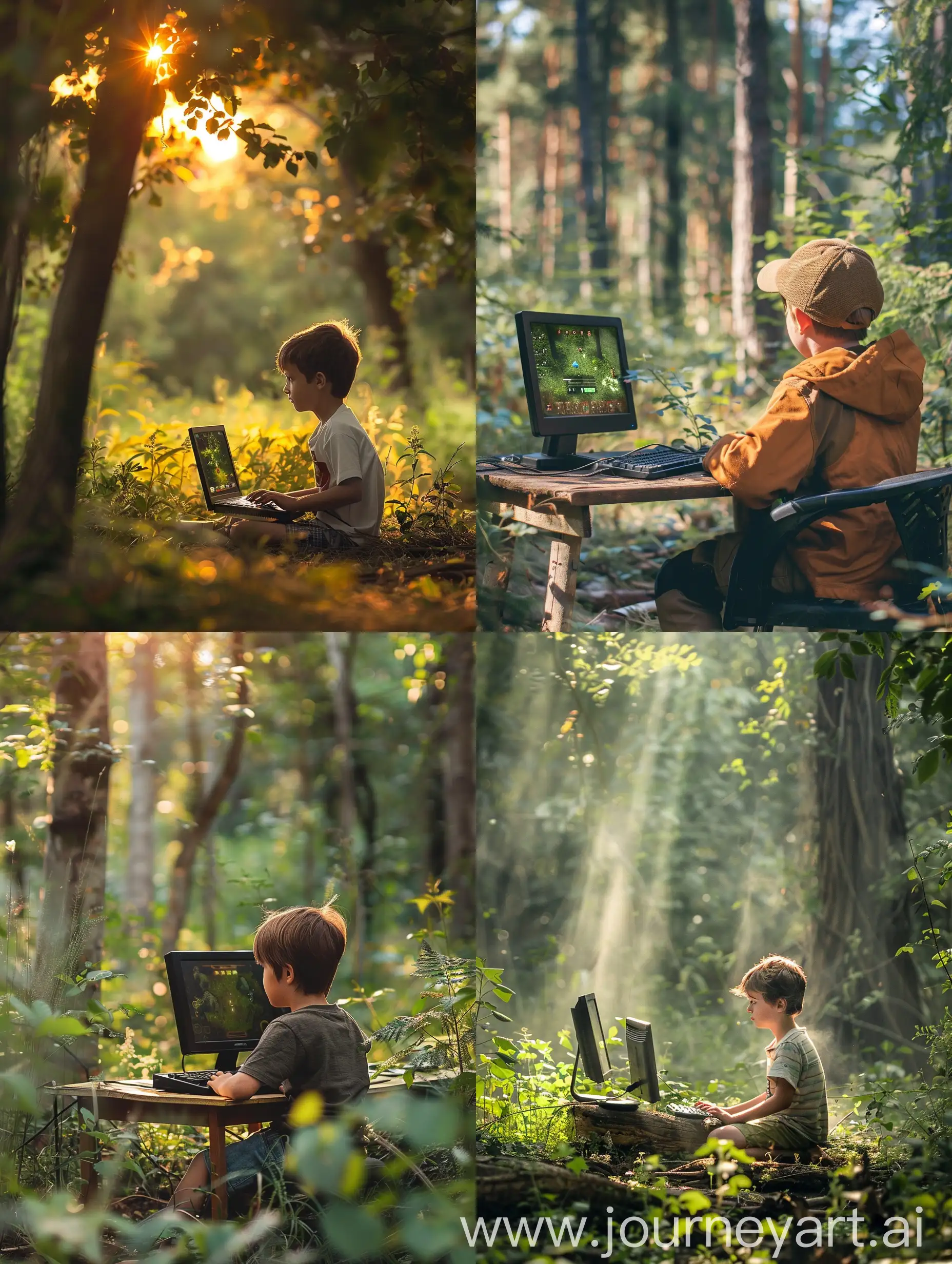 boy in the nature playing computer games