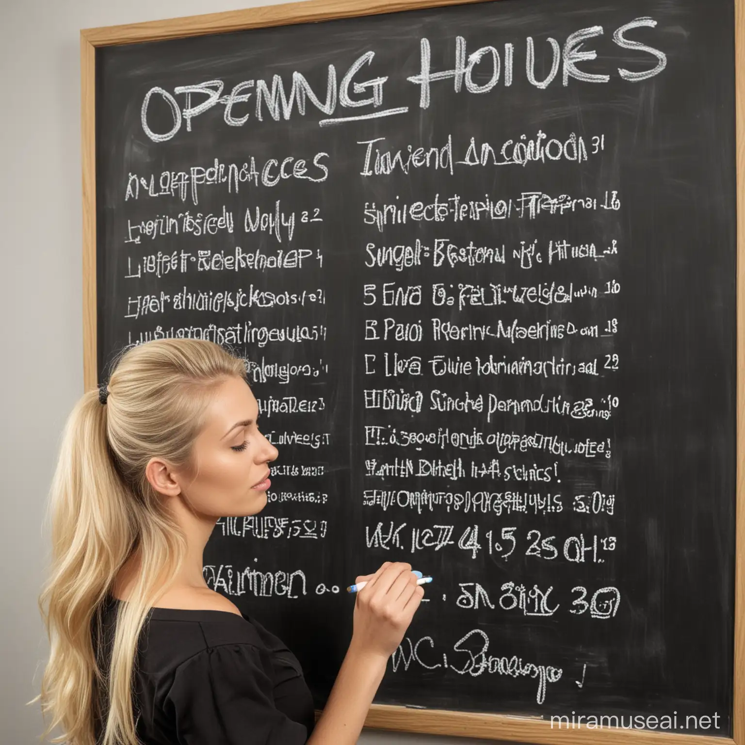 Blonde Woman Announcing Shop Hours on Blackboard