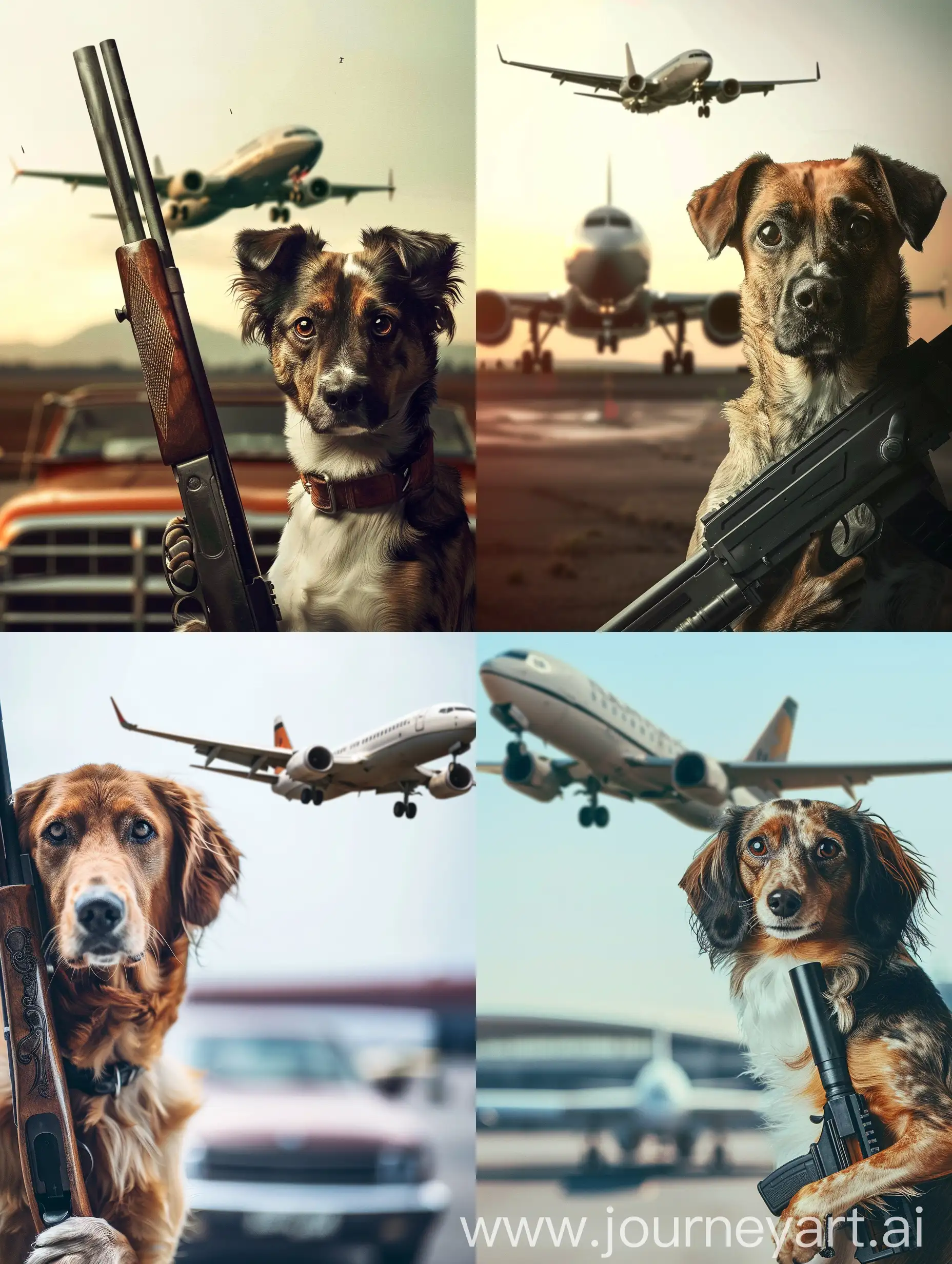 Abstract image of a dog holding a hunting rifle looking at the camera with an airplane in the background