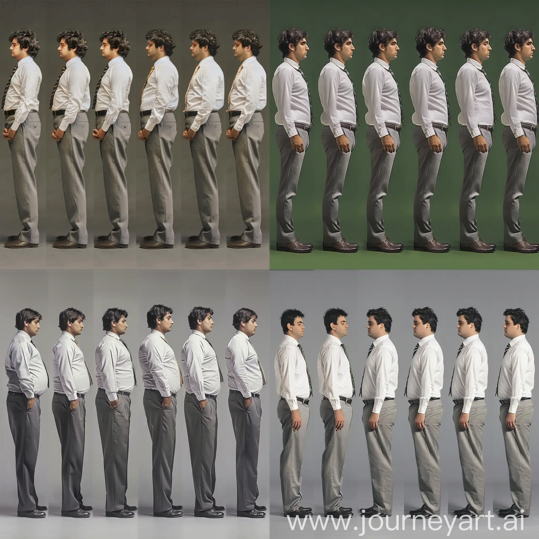 A series of 8 photos from the side showing the progression of weight gain of a 23 year old Italian businessman wearing a white dress shirt, tie, and gray slacks. He starts out fit. There is a clear progression of his body getting fatter. By the last photo he is visibly obese.