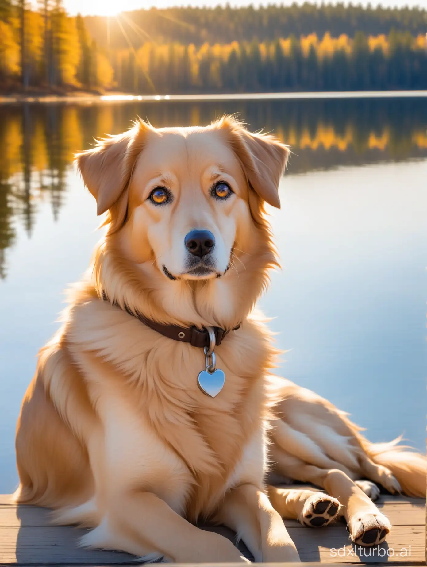 A golden-haired rescue dog sits by the lake, its eyes loyal and warm, waiting for its owner to return. Its fur shines with golden light in the sunlight, with a calm lake and distant forest in the background.