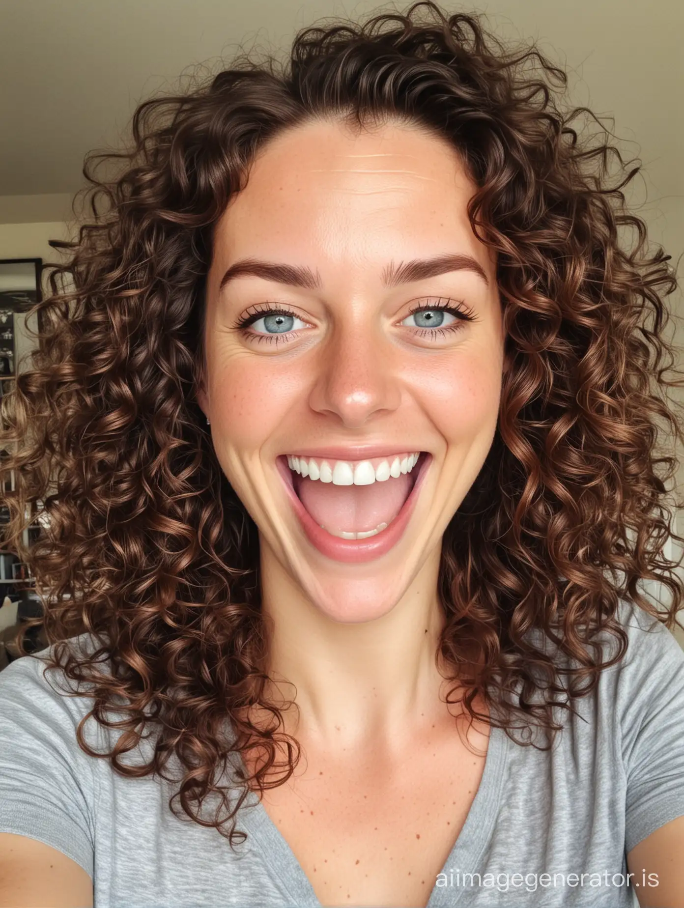 a selfie of a laughing 30-year-old brunette woman with curly hair and blue eyes inside a home office