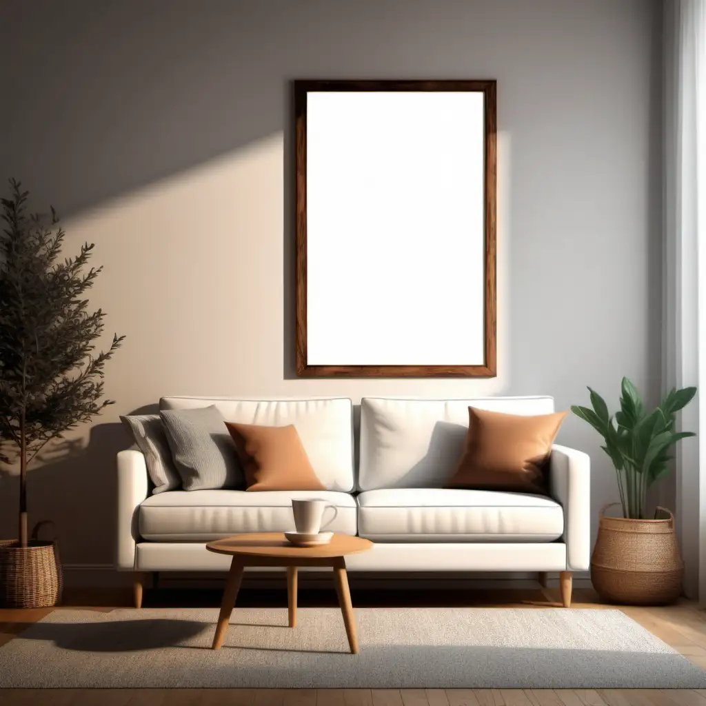 wooden poster white blank frame mockup, reflection, shadow overlay, cozy living room, farmhouse stlyle, warm room, 4K, exclude random objects,