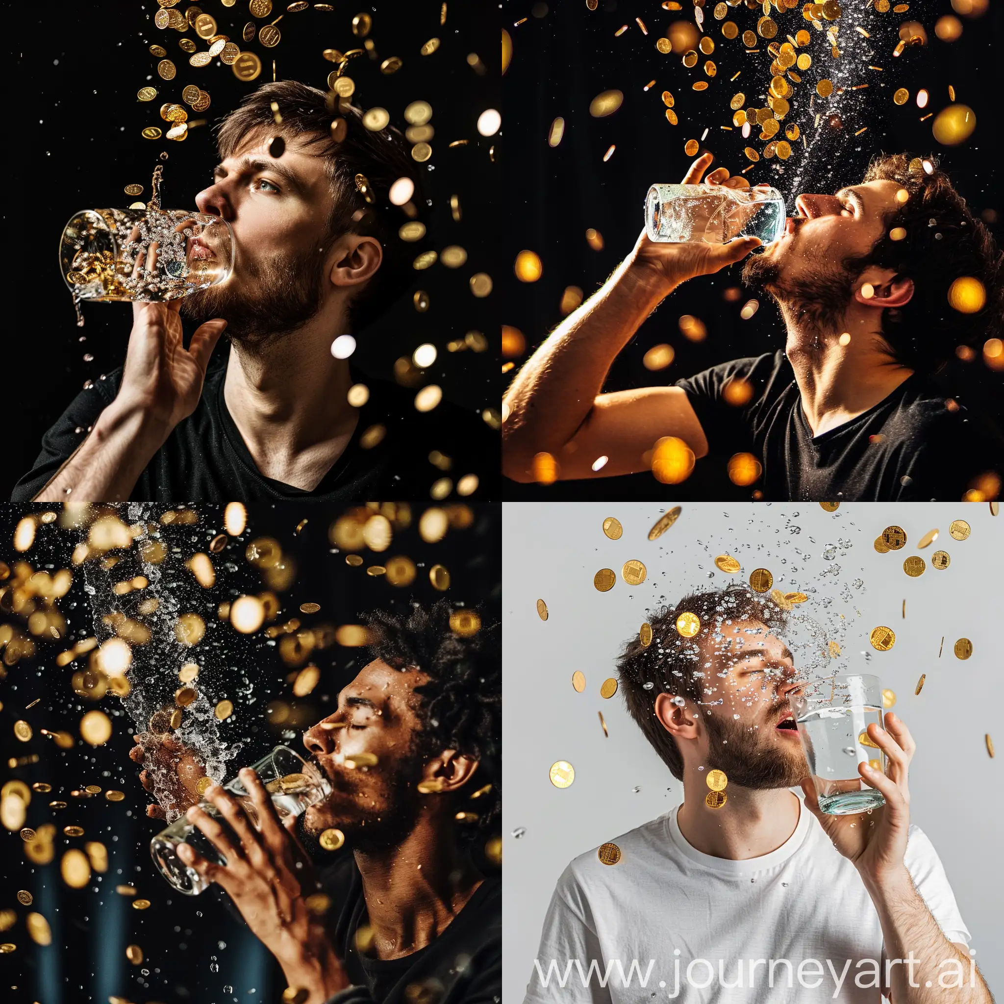 Man-Drinking-Water-with-Gold-Coins-Falling