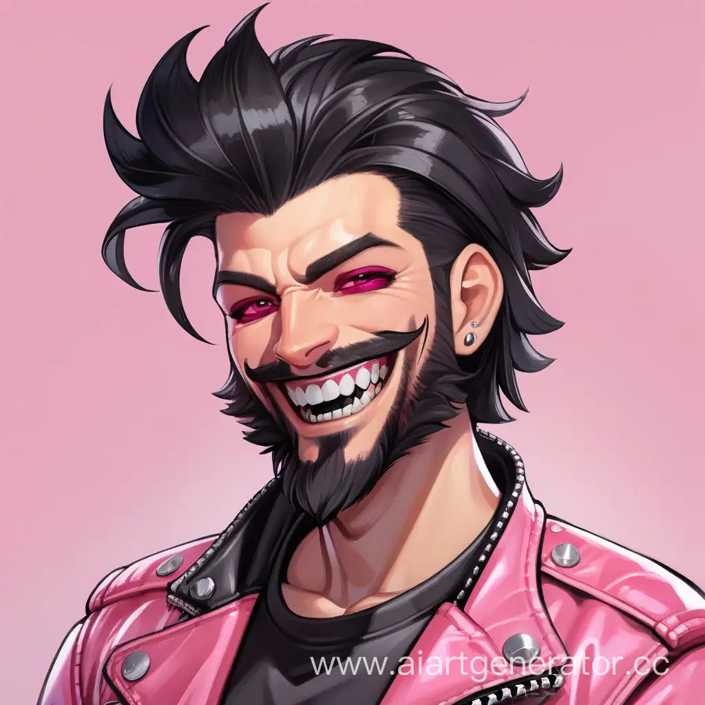 a male biker in a pink jacket, with black pompandour hair, red pupils of the eyes, with sharp teeth and a big smile, and a small beard on his chin