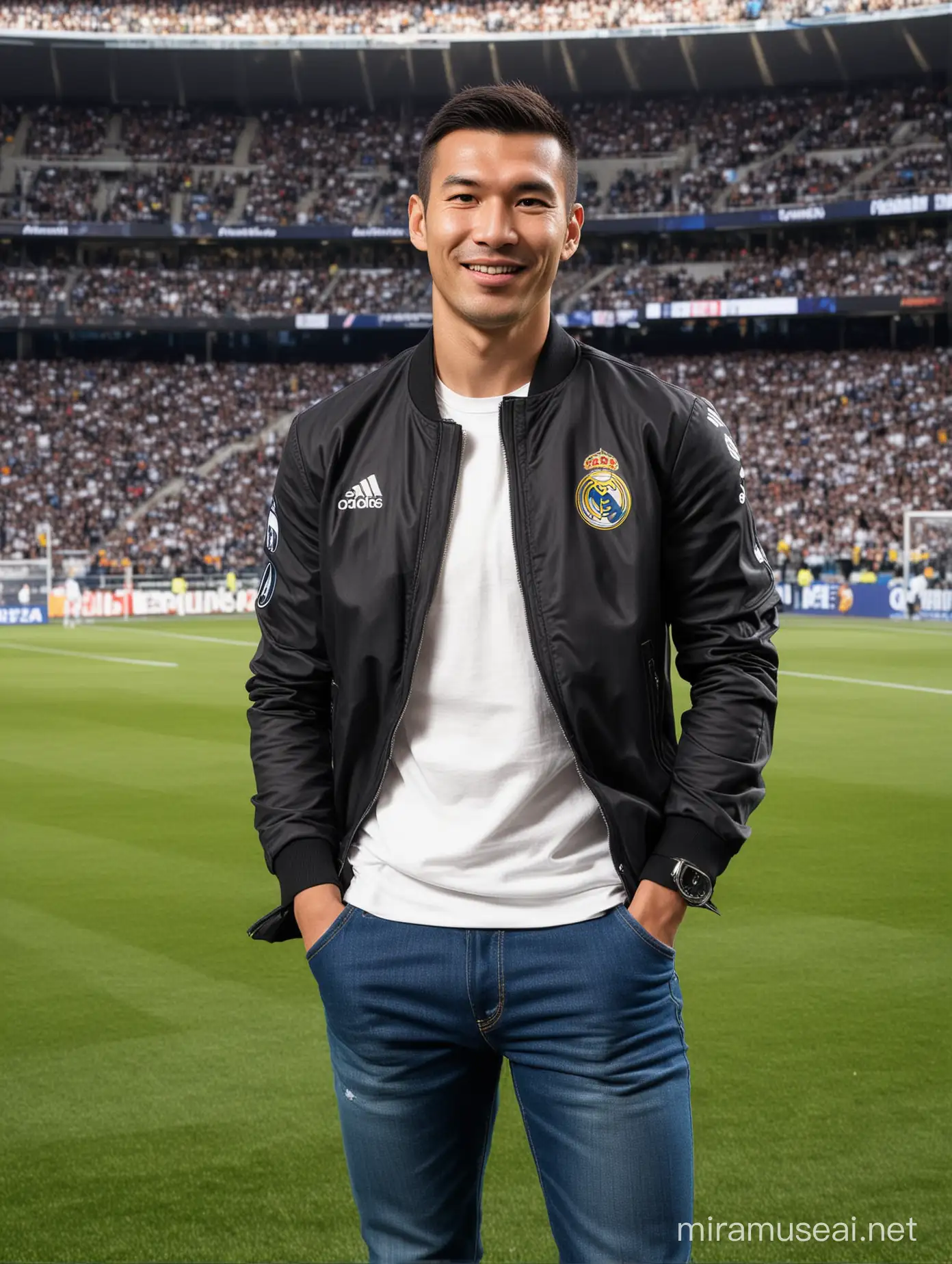 pria asia usia 30 tahun berambut pendek memakai jersey real madrid memakai celana jeans dan sepatu kets Berfoto dengan Zinédine Zidane pebakain setelan jas hitam..latar belakang stadion real madrid 