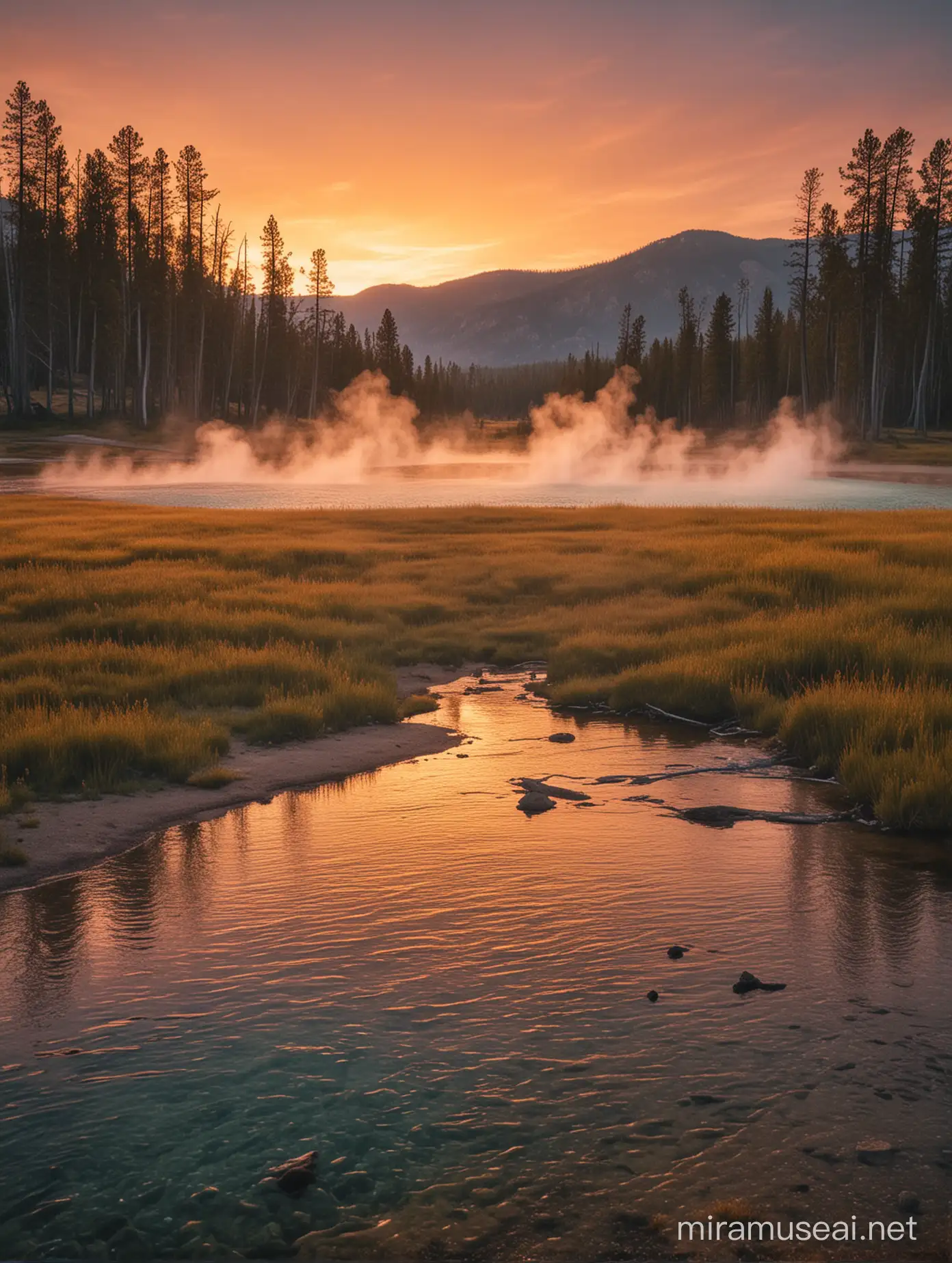a wonderful photograph from a sunet in Yellowstone, serne feelings, nostalgic vibes, wonderful colors