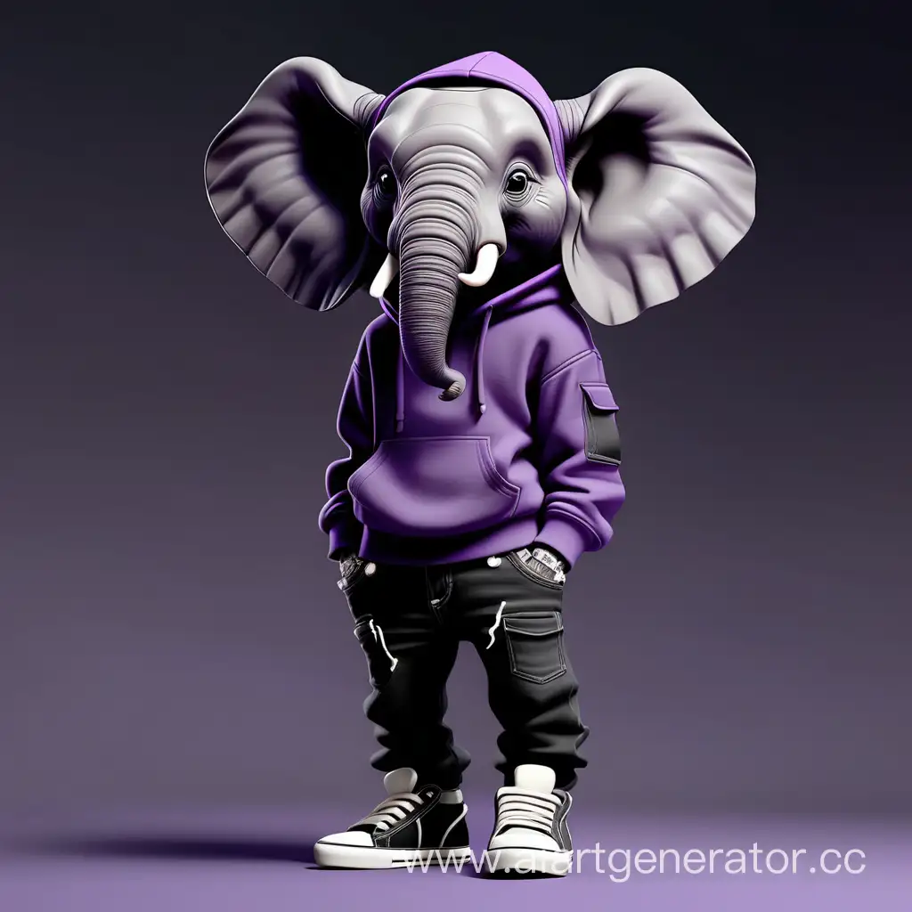 the elephant wears a purple hoodie trasher, black jeans with a belt, on foot black sneakers. flies in the space.