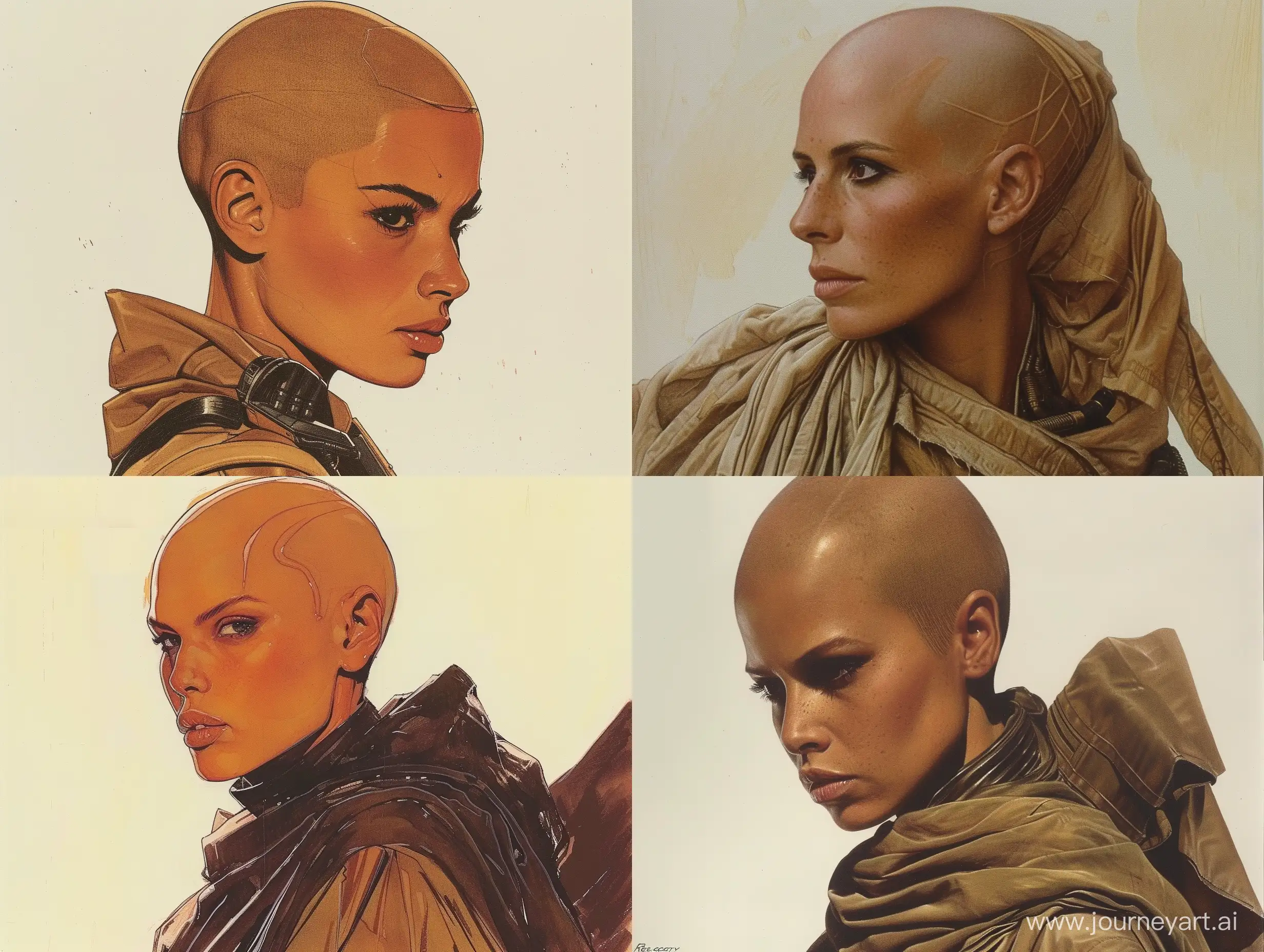 Concept art of a bald Bene Gesserit woman from Jodorowsky's Dune by Ralph McQuarrie. Dune. Retro Science Fiction Art style. in color.

