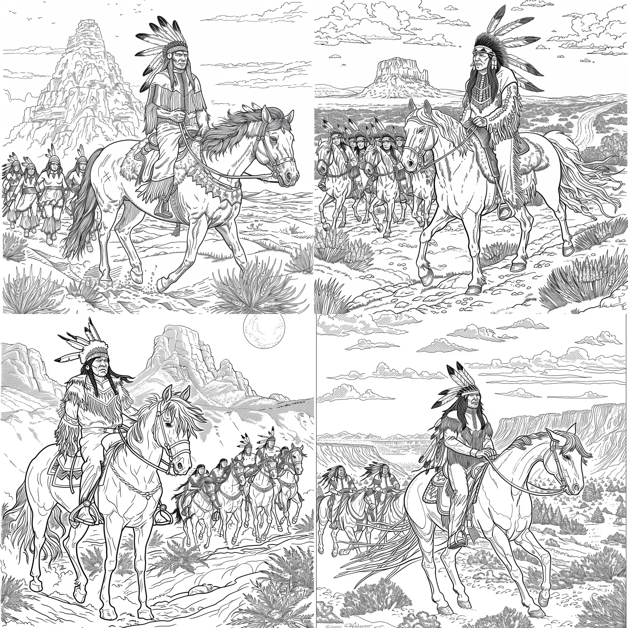 Create a coloring book page of a proud Native American Chief on his horse leading his people across the plains, no background