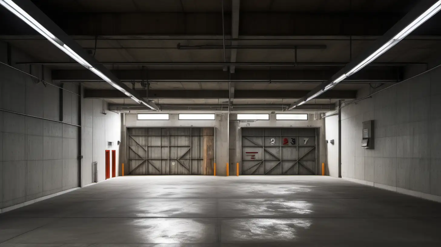 The image portrays a spacious, industrial or parking garage area with a stark, utilitarian ambiance. The walls and support columns of exposed concrete display wear and patches, indicating the structure's age and utility. In the center stands a garage door with the number 32 prominently displayed, featuring small rectangular windows that break the monotony of the metal surface.

An 'EXIT' sign hangs above the door, glowing red against the cool tones of the room, providing guidance and a subtle warm contrast. The ceiling is outfitted with fluorescent lights that cast a uniform, artificial light throughout the space, reflecting softly on the smooth concrete floor.

A significant feature to the left is a stack of wooden pallets, their natural brown tones and textures standing out against the industrial backdrop. These pallets, arranged in a tidy formation, add a sense of order and purpose to the setting.

On the right, an open doorway leads to an unseen area, the darkness within inviting curiosity about what lies beyond. The composition is symmetrical and centered, with the garage door acting as the focal point, flanked by the architectural elements and objects within the space.

The absence of people in the image contributes to an atmosphere of stillness, evoking a sense of solitude. This environment, with its balanced composition and subdued color palette, is evocative of a scene that could be used in visual storytelling, where the location itself is a silent character.
