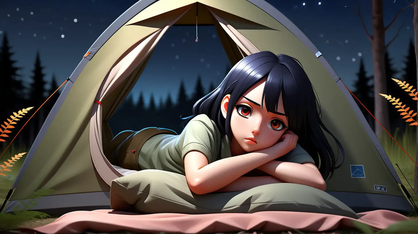 Beautiful anime young girls, accommodation with a forest feel, was sleeping in a camping tent, black hair, modern clothes,  background with beautiful night sky, simple full color, high quality, lively eyes, dark, gloomy, dark color, natural eyes, hd, hyper realistic,