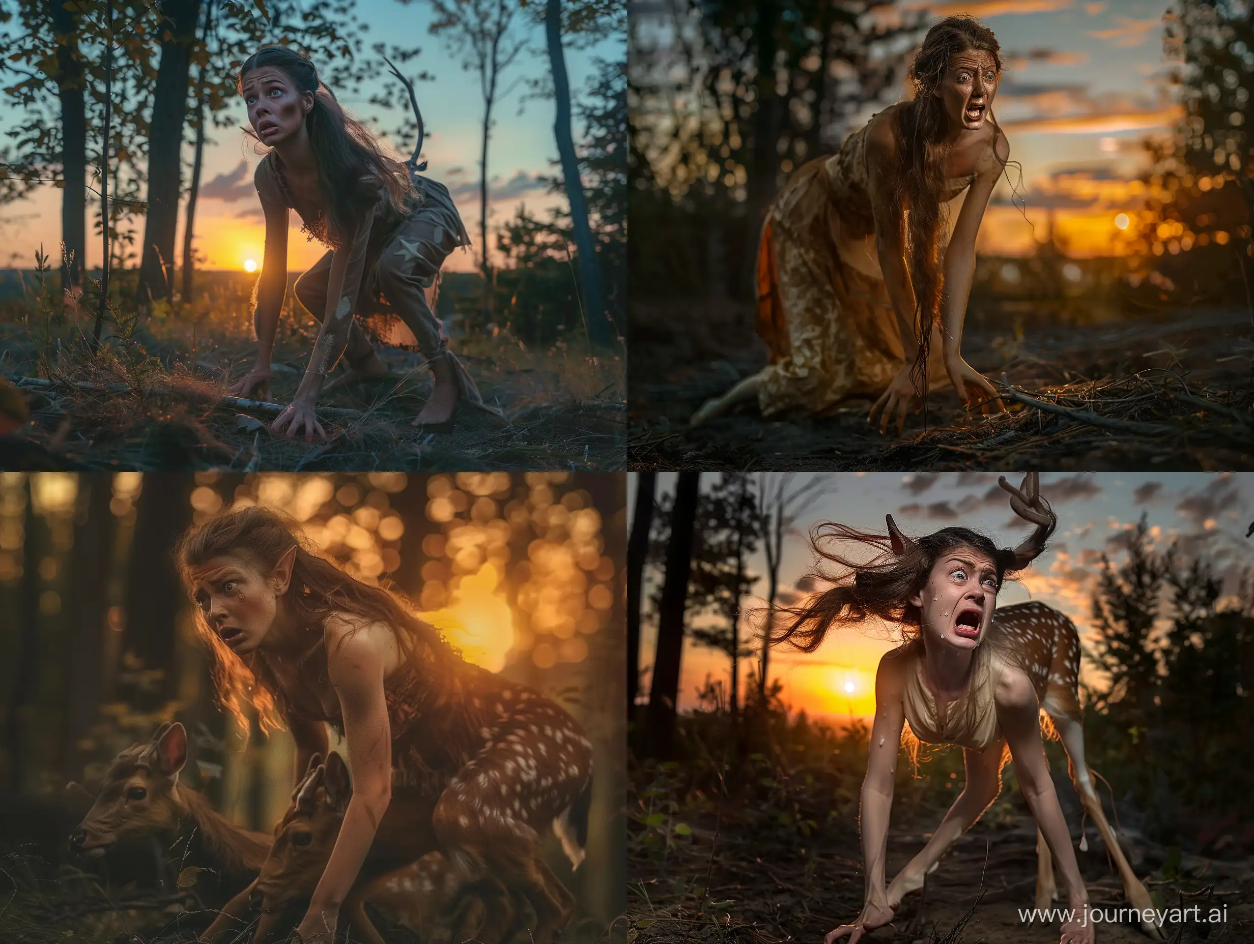 A photograph of a medieval princess  with loose brown hair, who has been transformed into a deer. The photo is taken while the transformation is almost completed. She is standing on all fours in a forest at sunset. She has a desperate expression, crying. Full body picture.