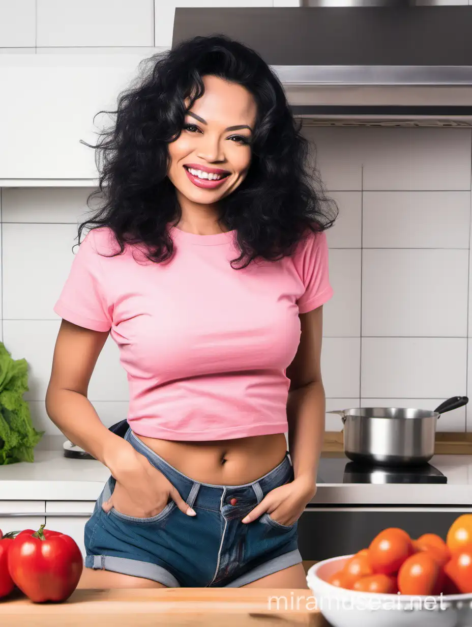 Smiling Malaysian Woman Cooking in Stylish Pink Attire