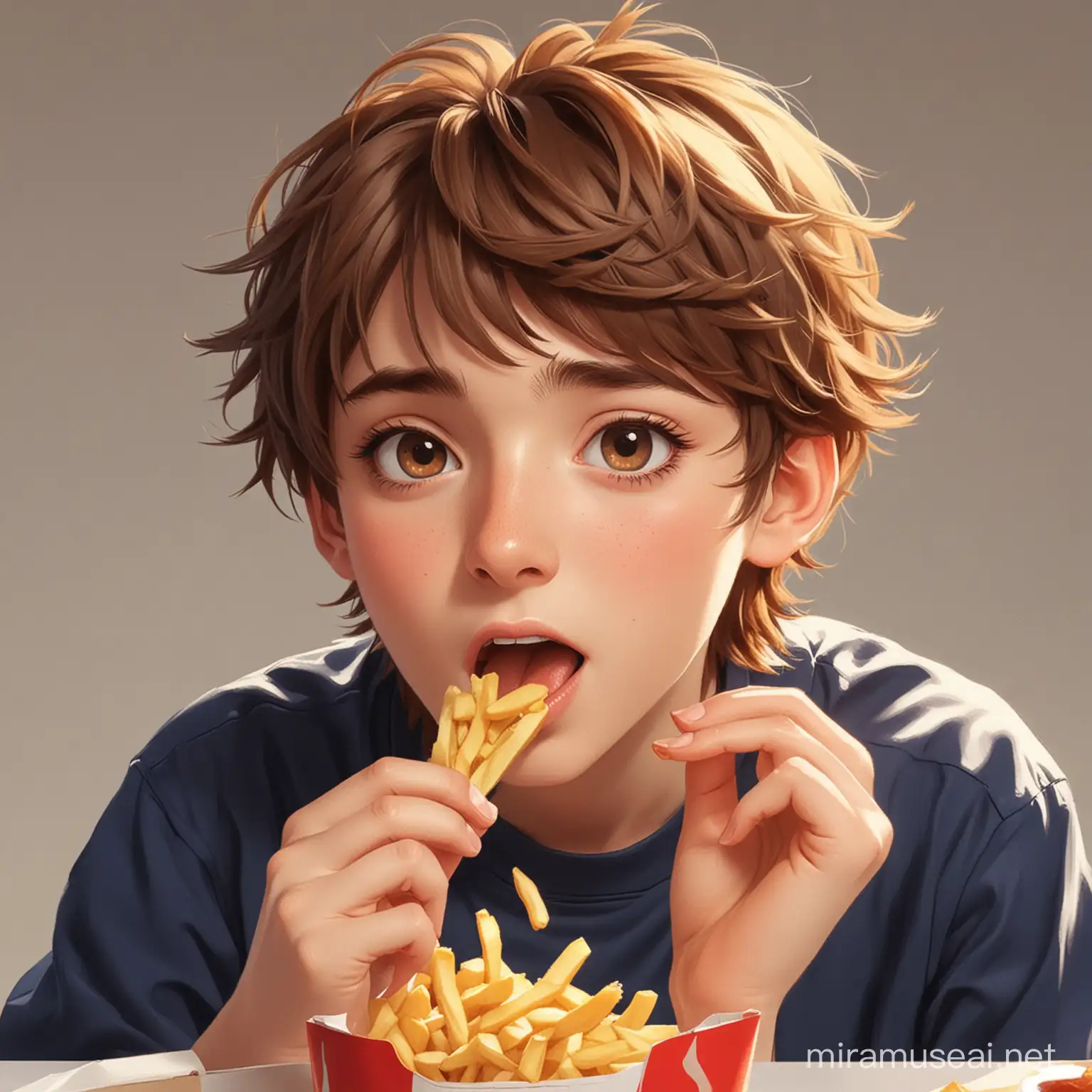 A brown haired boy eating french fries (animestyle) for reference
