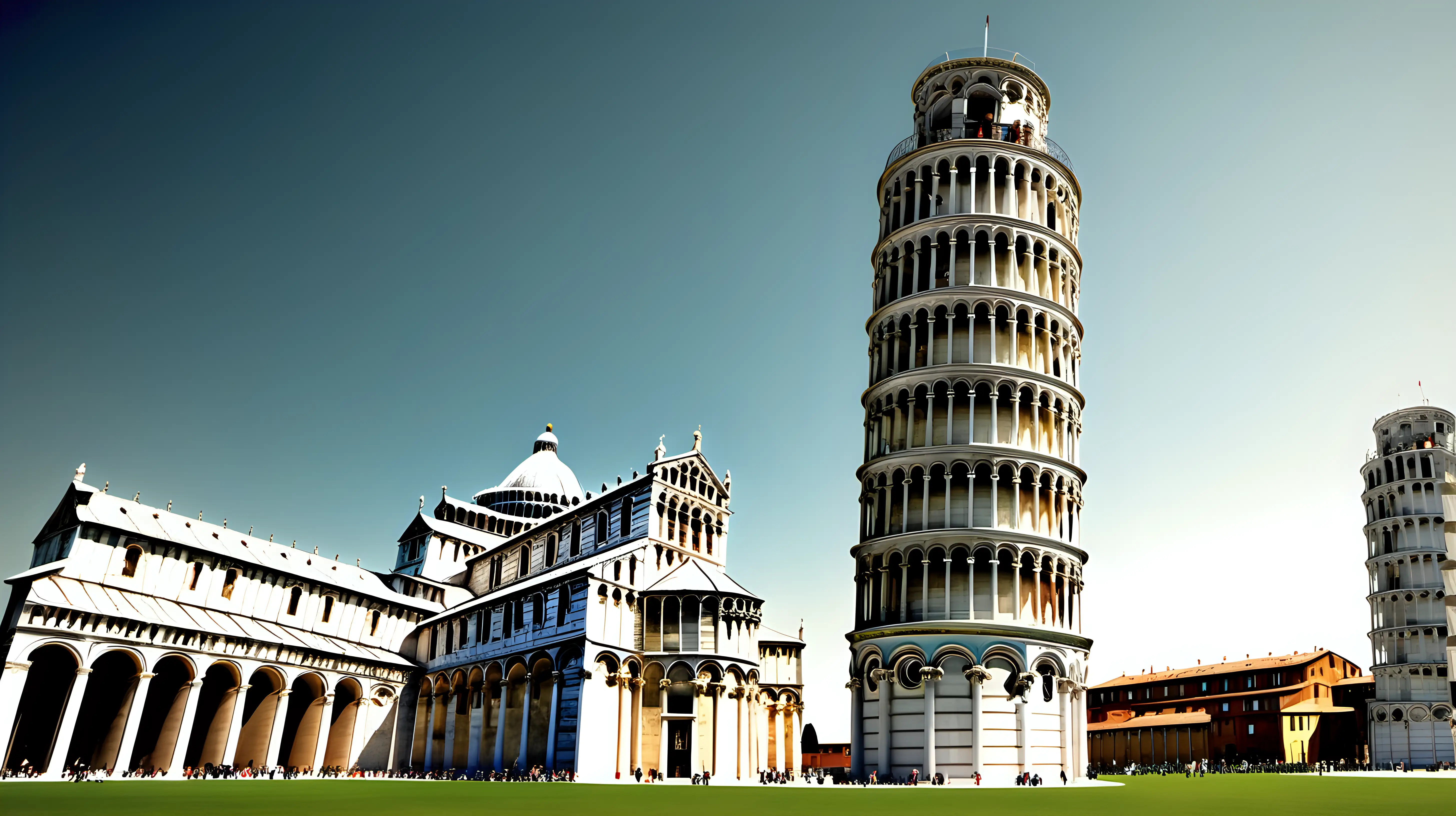 show Leaning Tower of Pisa at its best shape and show its beauty roylaty and greatness,a wide angle image showing show Leaning Tower of Pisa at its peak beauty
