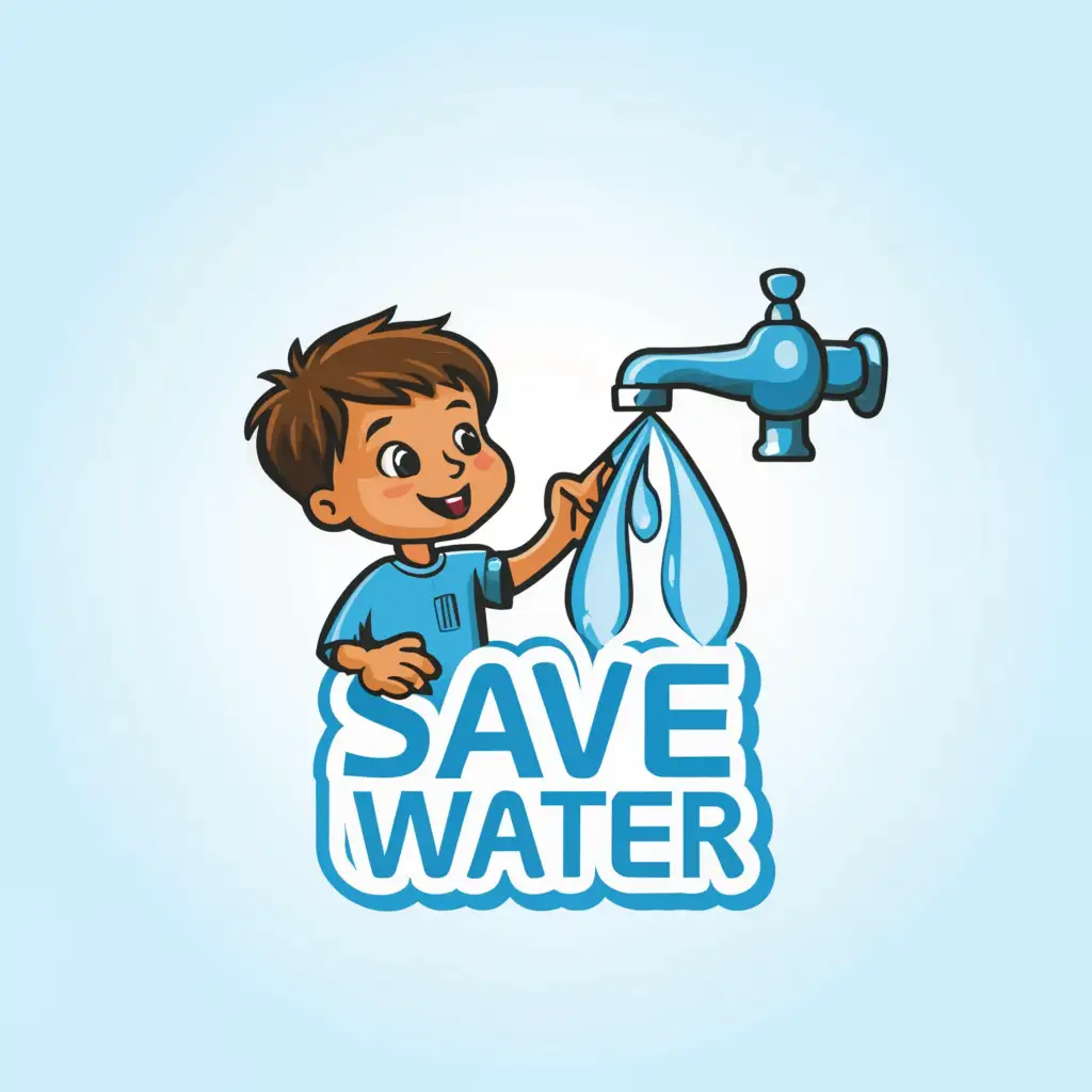 a logo design,with the text "save water", main symbol:a boy drinking water from a tap,complex,clear background