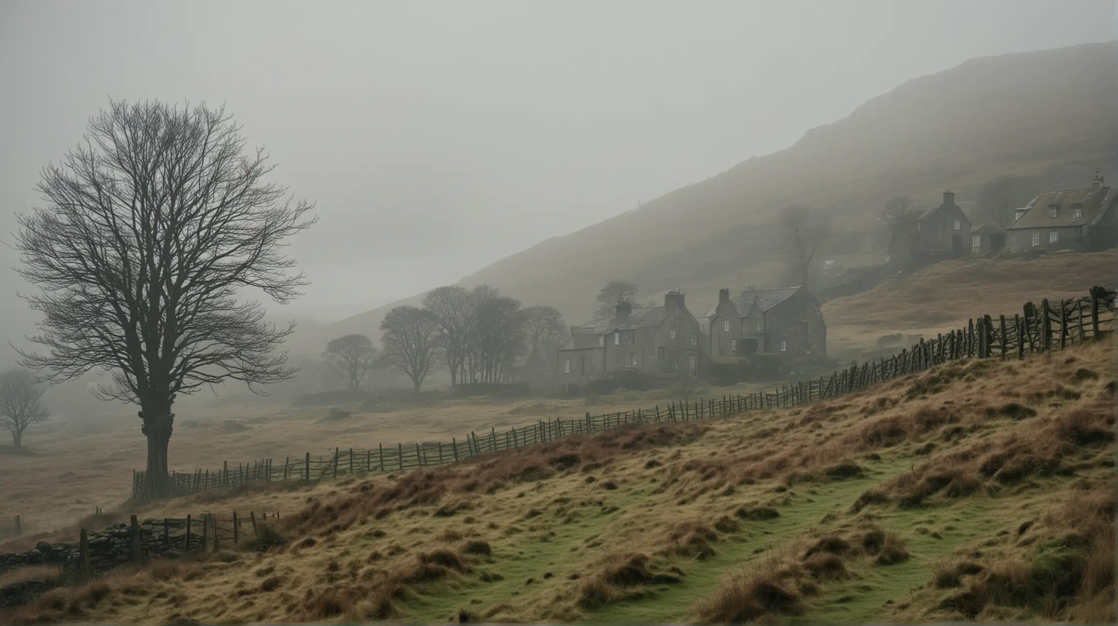I'm creating a lookbook for a mystery thriller movie centered around Detective Sergeant Cora Lear. The first image should capture the eerie, mist-covered landscape of rural Scotland, setting the stage for a tale of murder, secrets, and betrayal. Picture rolling hills, ancient stone houses, and a dense, foreboding forest, all shrouded in early morning fog. The atmosphere is thick with suspense and the haunting beauty of the Scottish countryside.