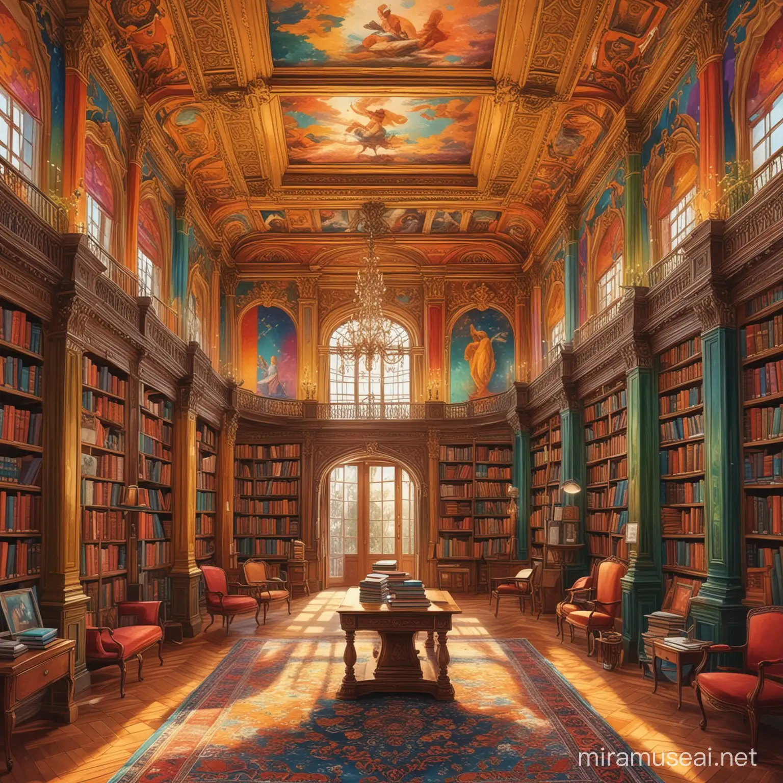 Canlı reklerin olduğu arka planın klitaplarla süslü olduğu çekici göz kamaştırıcı hoş göz yormayan bir saray kütüphanesi resmi oluştur illustratör

