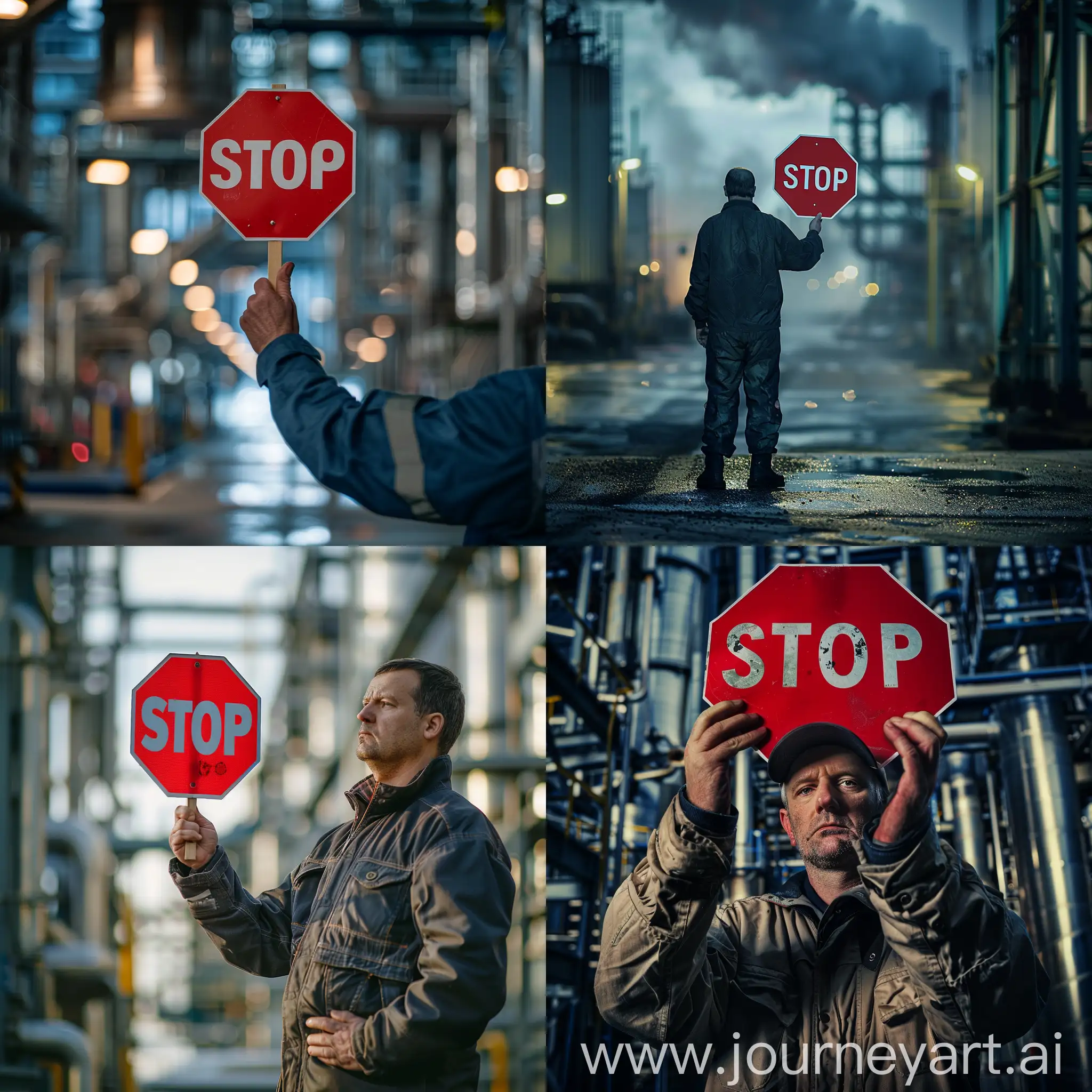Man-Holding-Red-Stop-Sign-Against-Industrial-Background