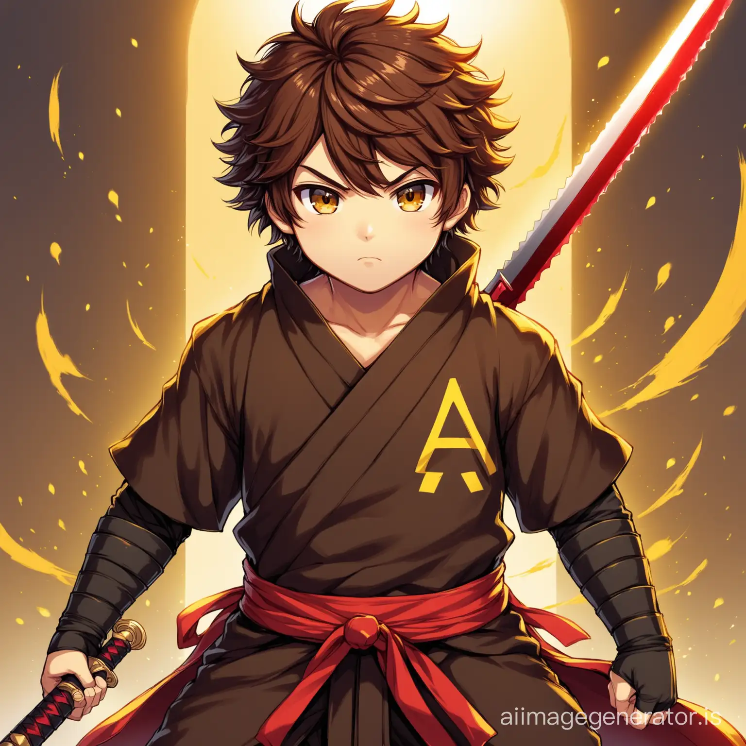 Boy Brown fluffy hair and Brown eyes ninja wearing all yellow with an A on the middle of the shirt and holding a red sword