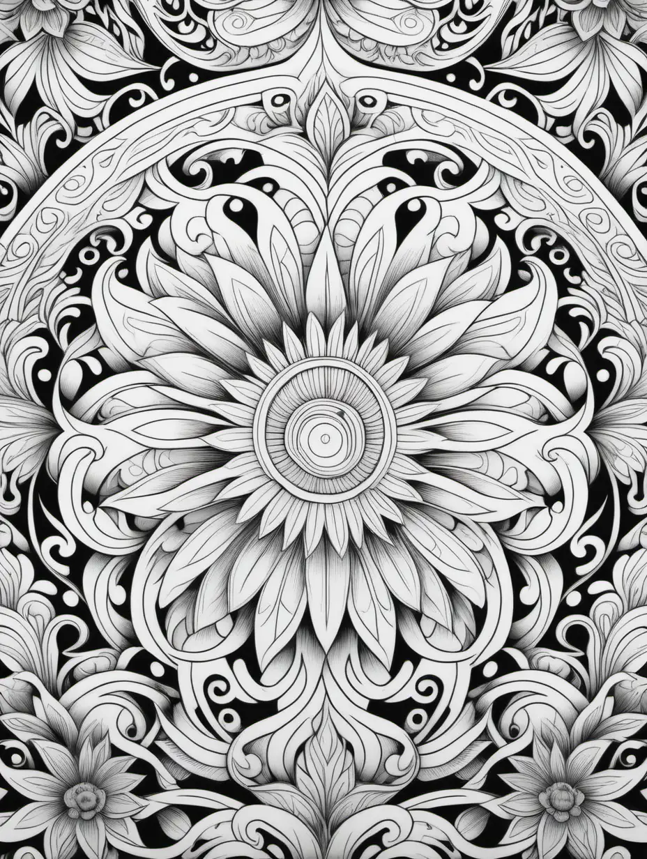 adult coloring book, black and white, high detail, no shading