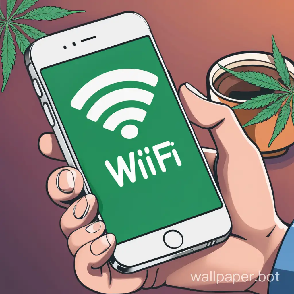 Person-Holding-Marijuana-Leaf-Accessing-WiFi-on-Smartphone