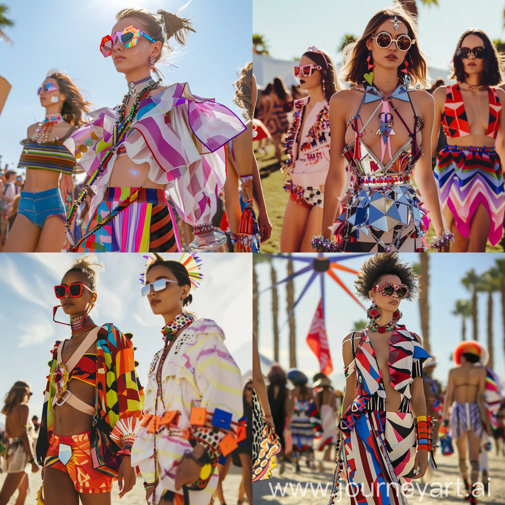 crea fotoshooting di modelle che sfilano durante il Coachella Festival, i vestiti sono asimmetrici e pop geometrici, gli accessori sono pop geometrici molto colorati e vistosi, realistica, foto intera, alta risoluzione, molto dettagliata