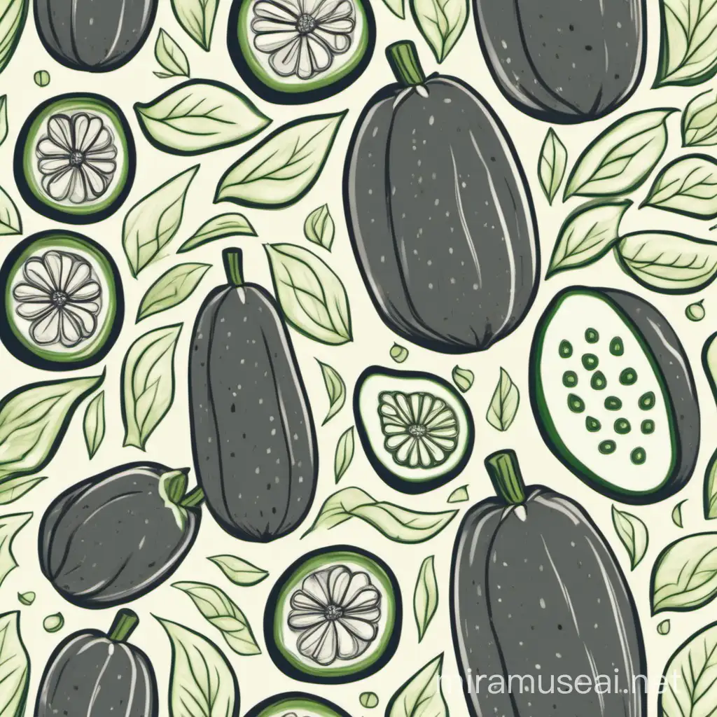 Minimalistic Chalk Sketch of Cucumber and Bergamot on OffWhite Background