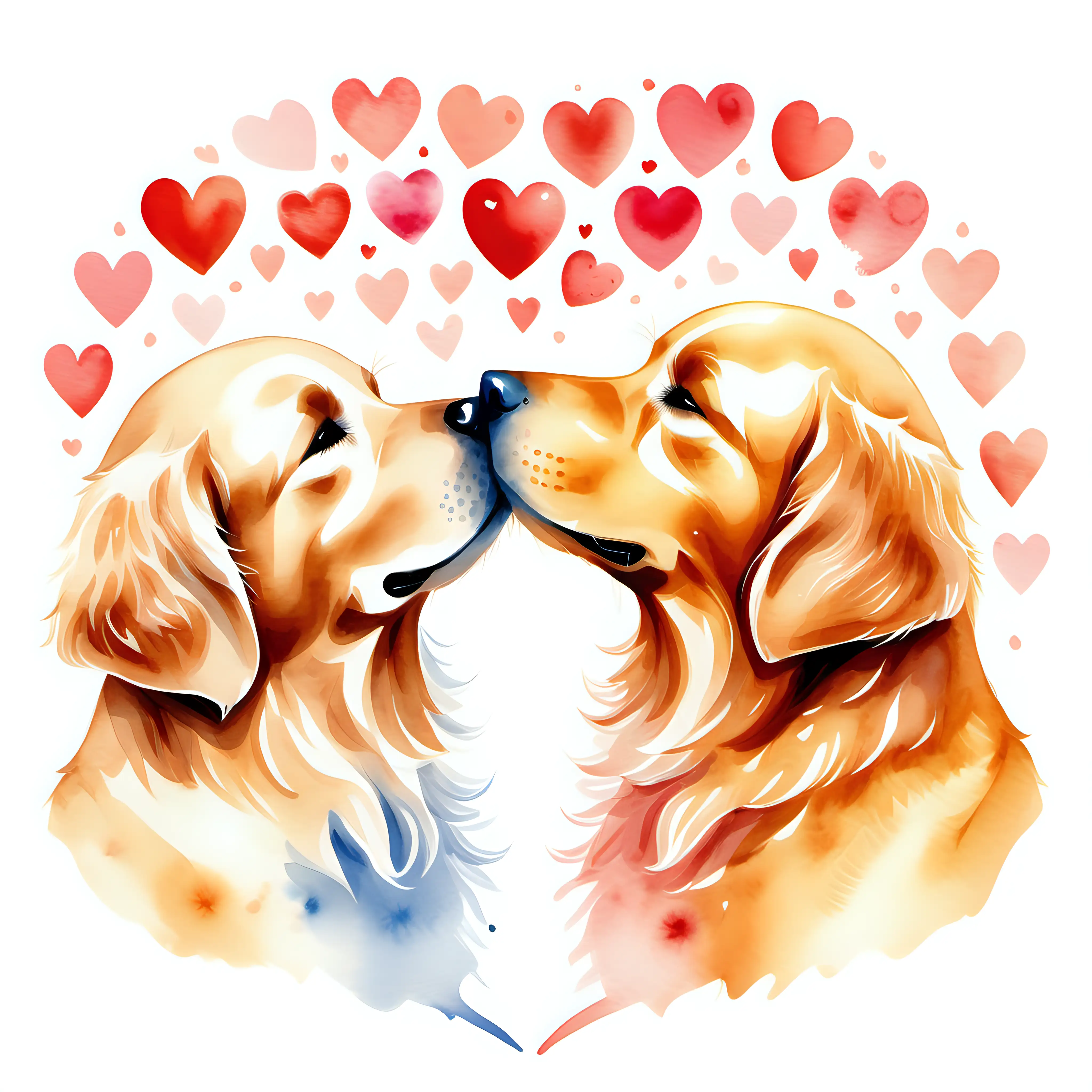 watercolor style, two golden retrievers touch noses with hearts around them on a white background.